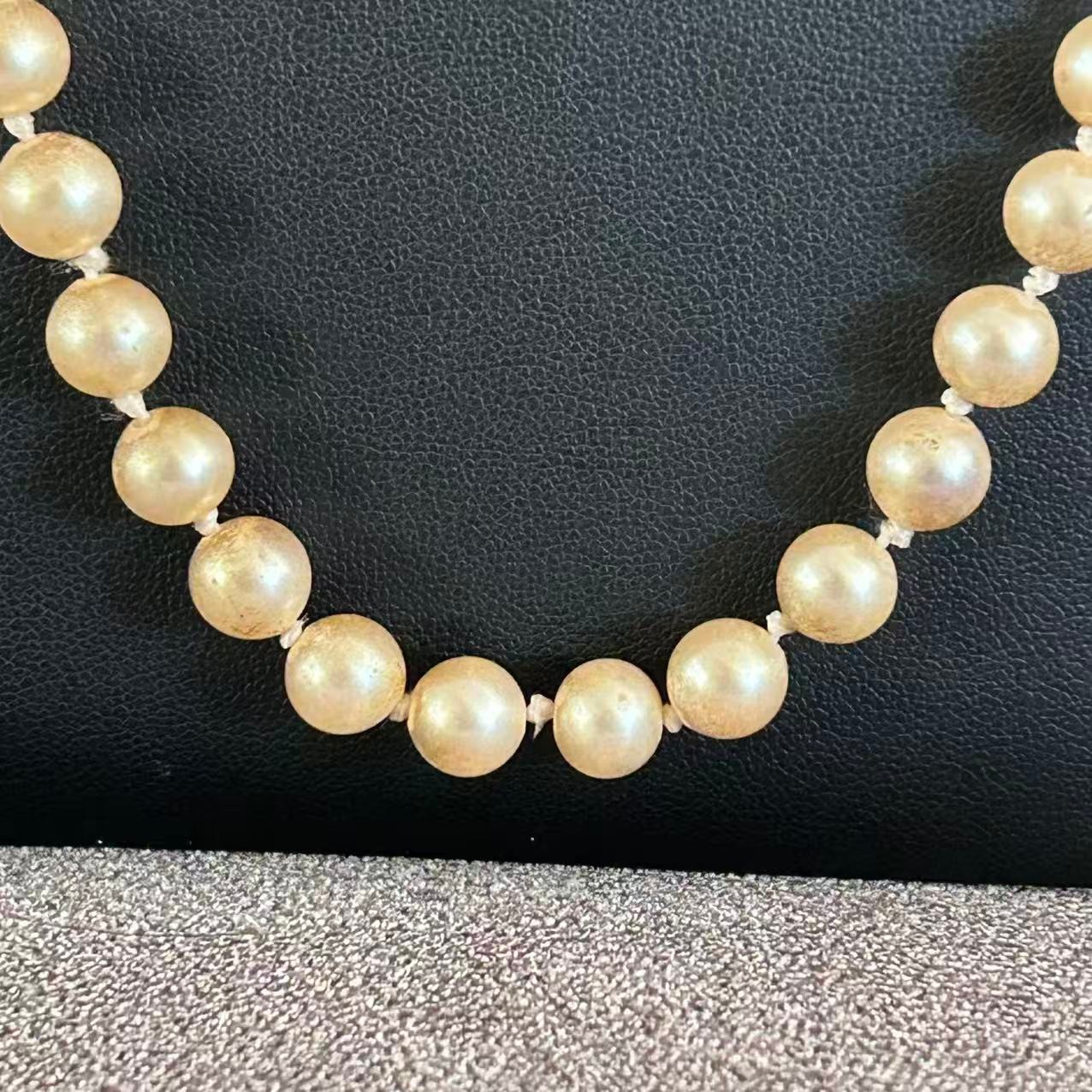 Vintage Champagne Faux Pearl Necklace Gold Tone Filigree Clasp Knotted 30″