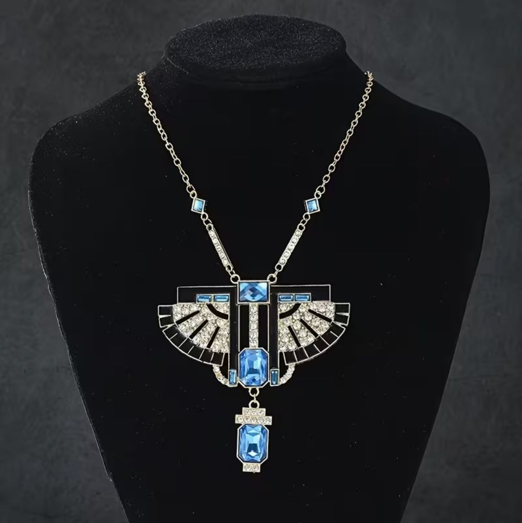 Art Deco Style Blue Glass & Crystal Pendant Necklace Gold Tone Egyptian Revival
