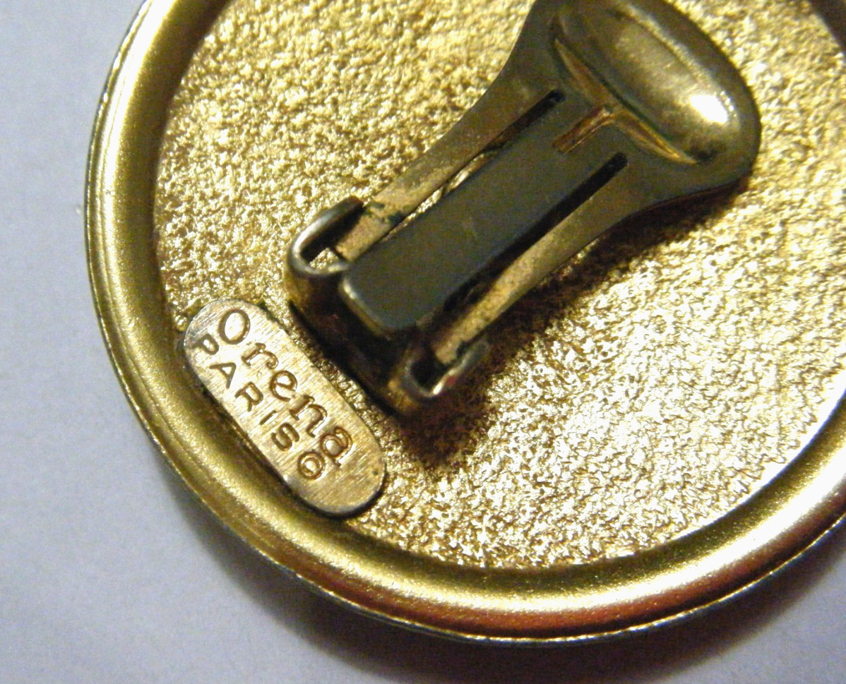 Vintage 80s Retro Orena Paris Gold ClipOn Large Button Earrings Geometric Enamel