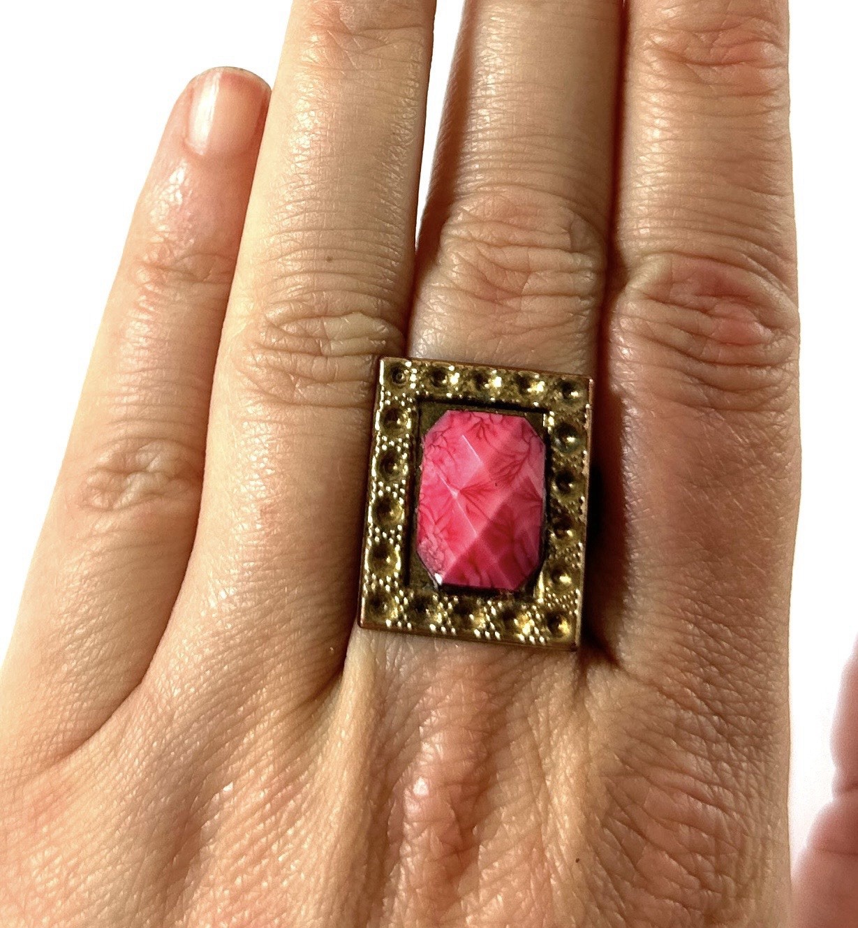 Vtg Brass Tone Cuff Bracelet Pink Jewels & Matching Adjustable Ring