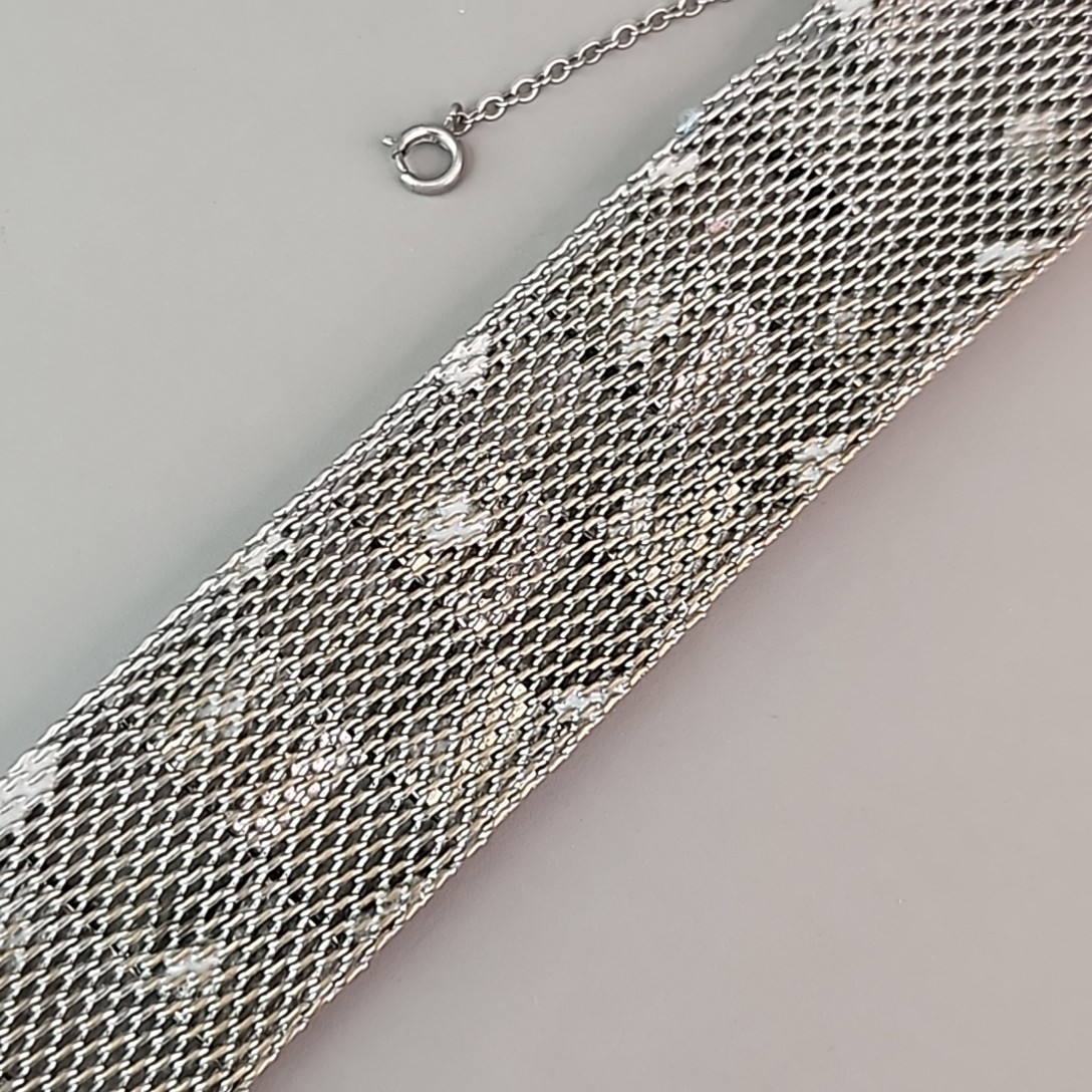 Vintage Wide Mesh Bracelet Silver Tone Wavy Panels 6.5″