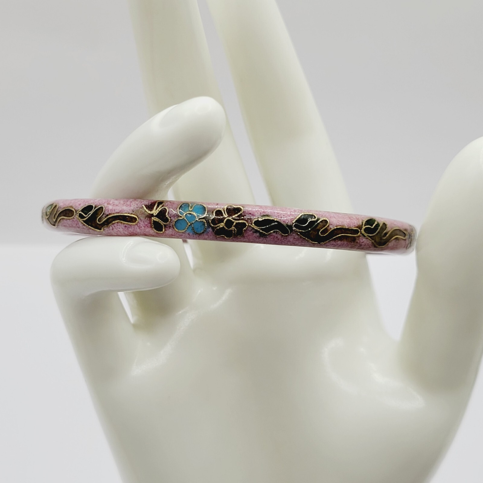 Cloisonné Asian Inspired Rose Mauve Color Floral Hand Painted Bangle Bracelet