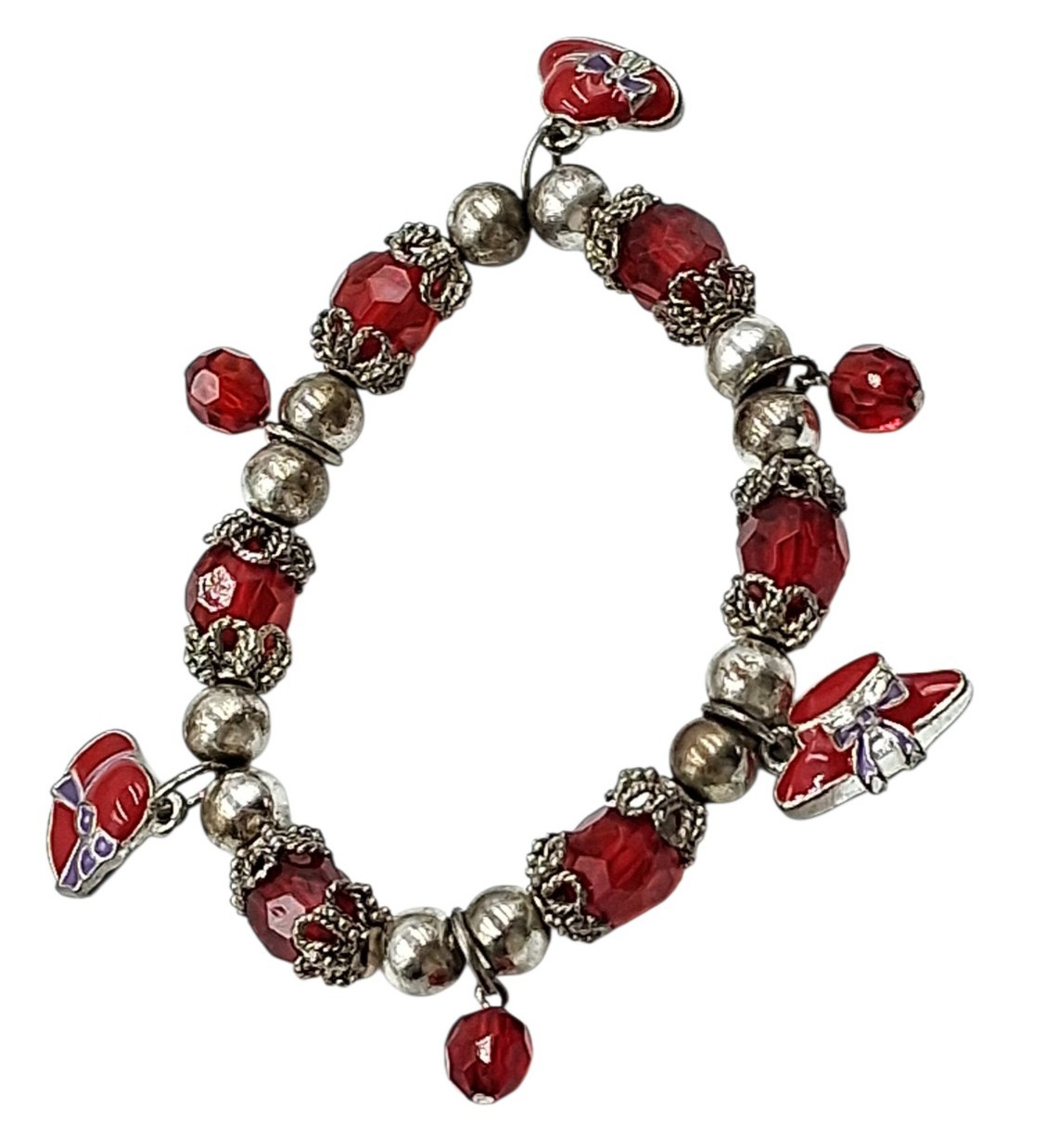 Red Hat Society Stretch 7″ Bracelet Red & Silver Beads Enamel Hat Charms Vintage