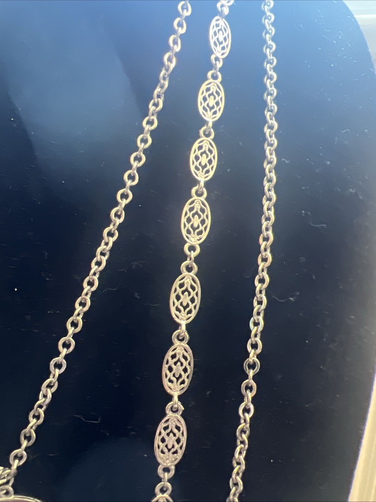 Vintage Silver Tone Triple Stand Filigree Necklace