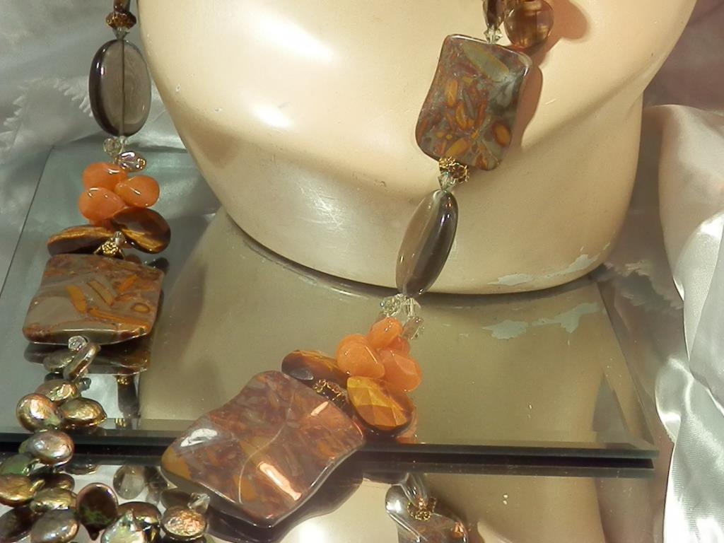 FABULOUS Vintage 80’s Genuine Pearl Jade Carnelian Tiger Eye Necklace 600o2