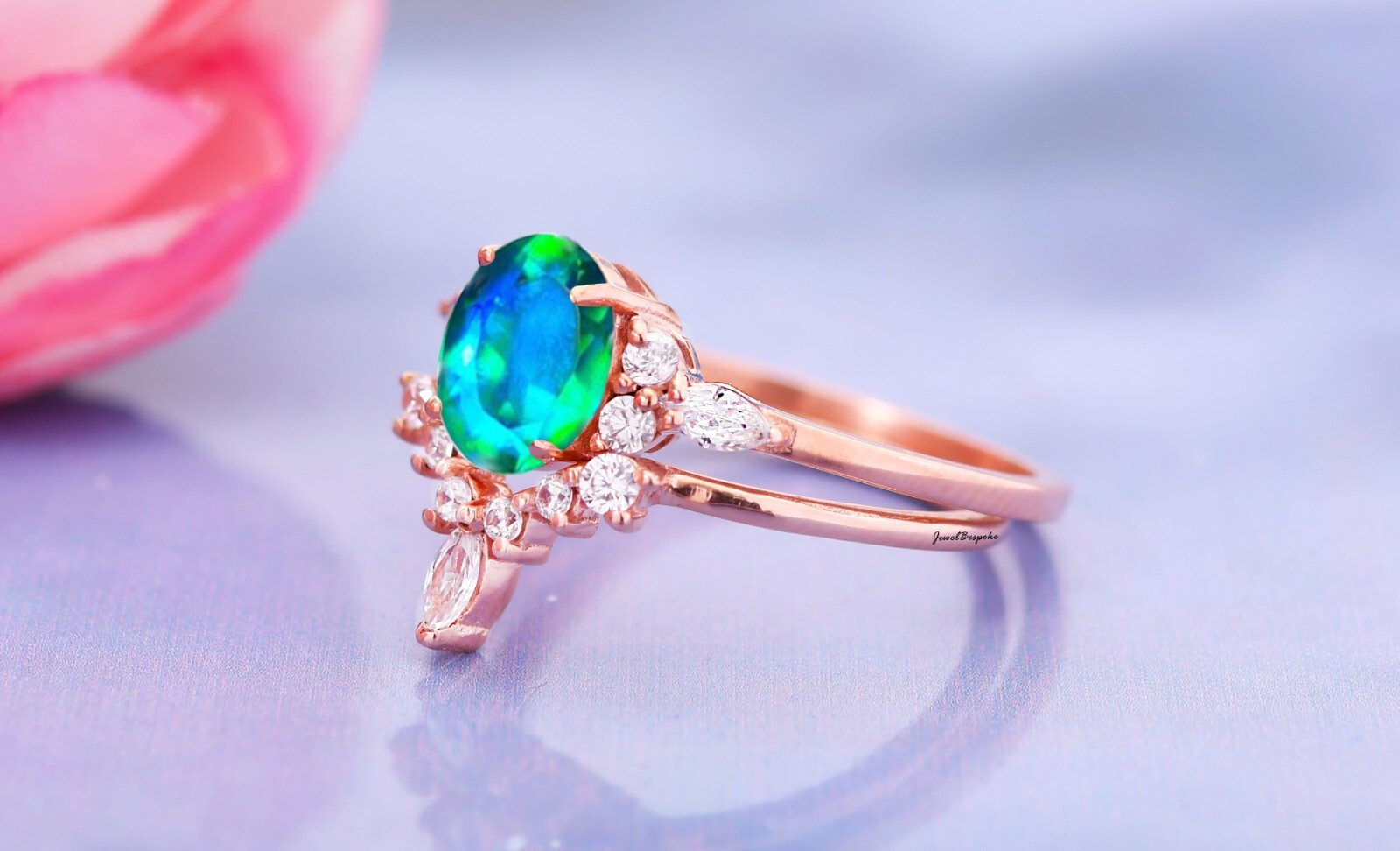 Oval Cut Peacock Quartz Engagement Ring Set 2 Pcs 14K Gold Plated Ring Gifts