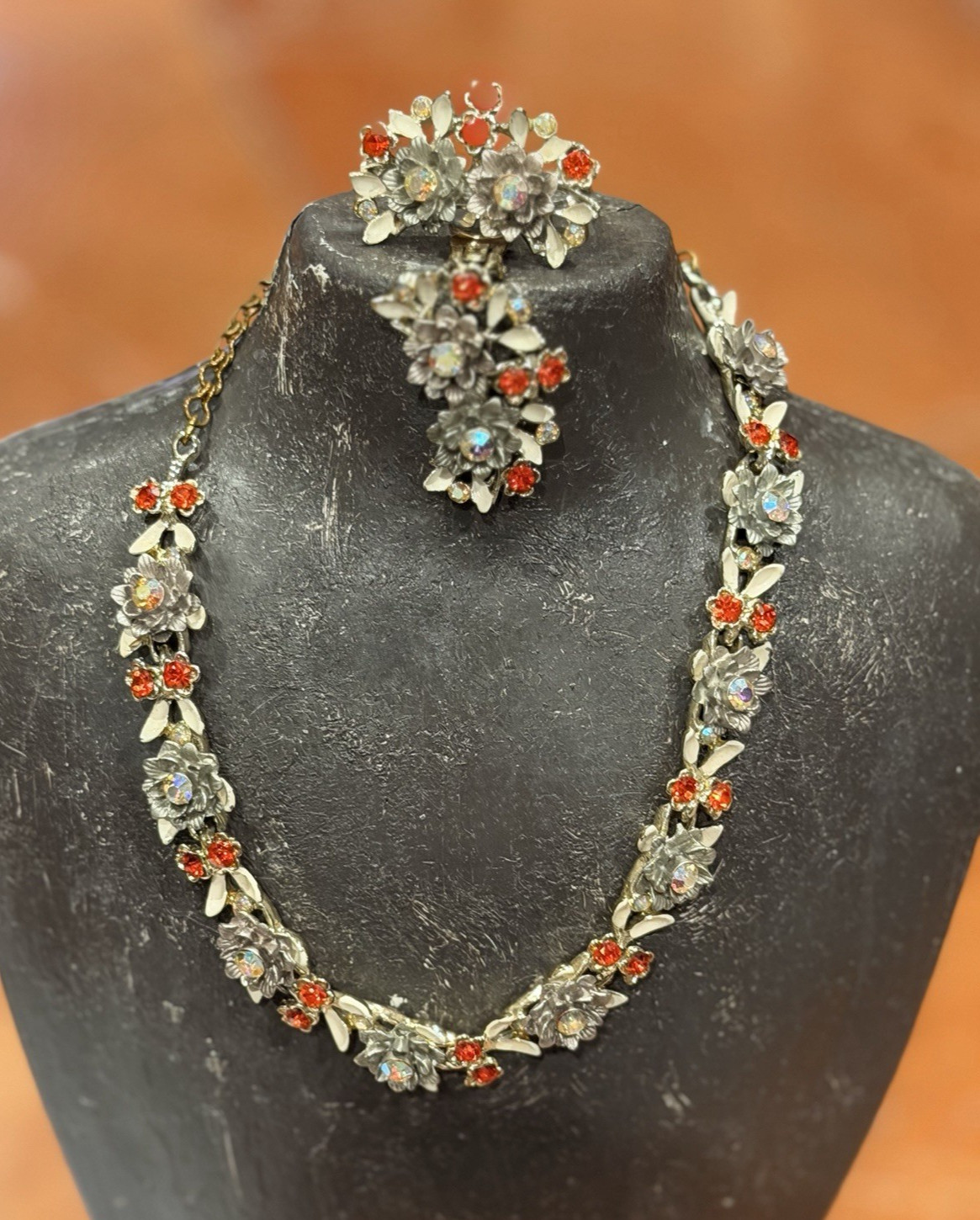BSK MCM FLORAL ENAMEL RHINESTONE NECKLACE BRACELET CLIP EARRINGS PARURE SET LOT