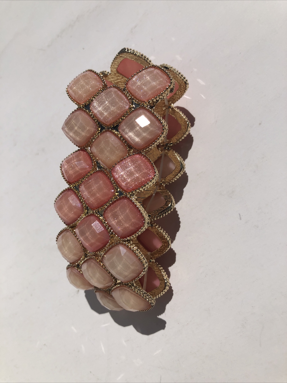 Pink Stone Stretch Cuff Bracelet Gold Tone Statement Piece Costume Jewelry