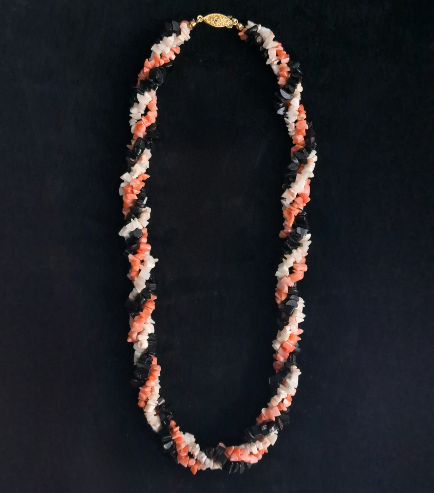 Gorgeous Pink Angelskin/Black/White Coral Necklace 19″ w/ Antique Fishhook Clasp