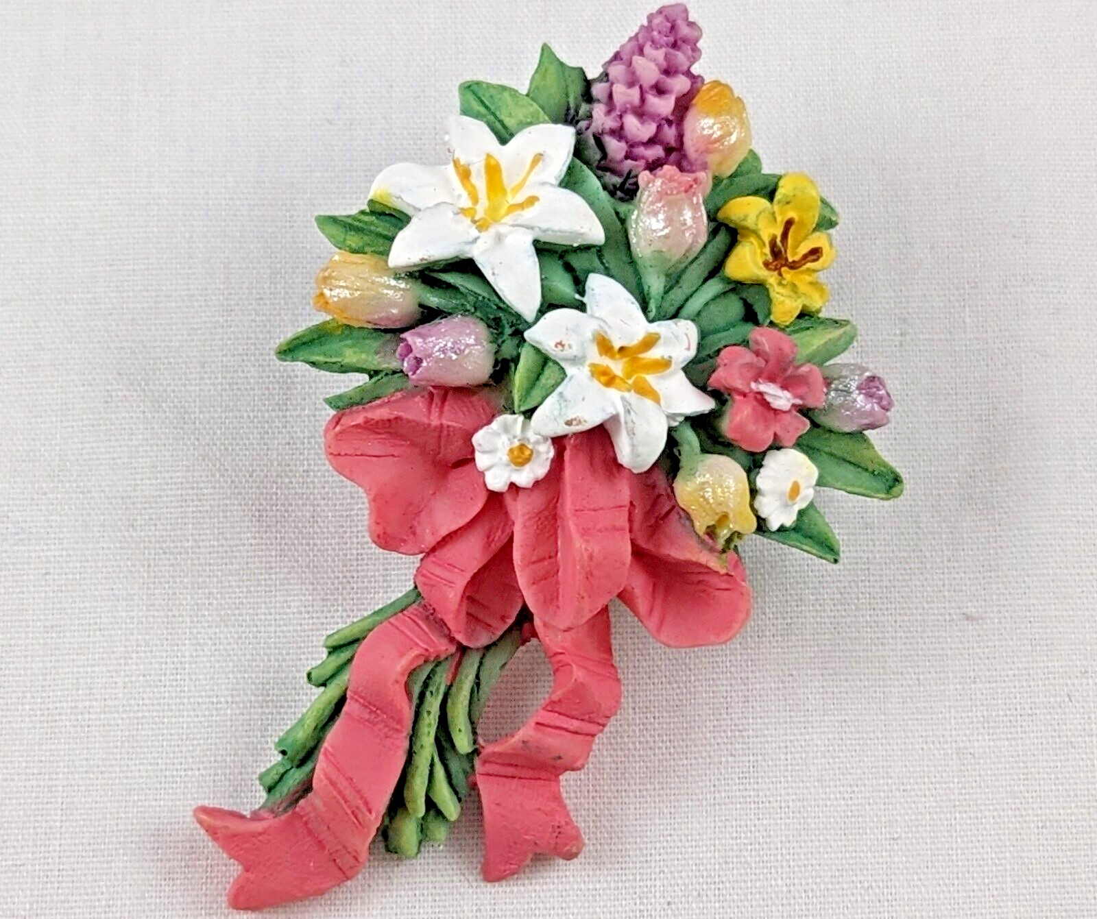VTG Hand Painted Floral Bouquet Design Brooch Pin Costume Jewelry Flowers Multi