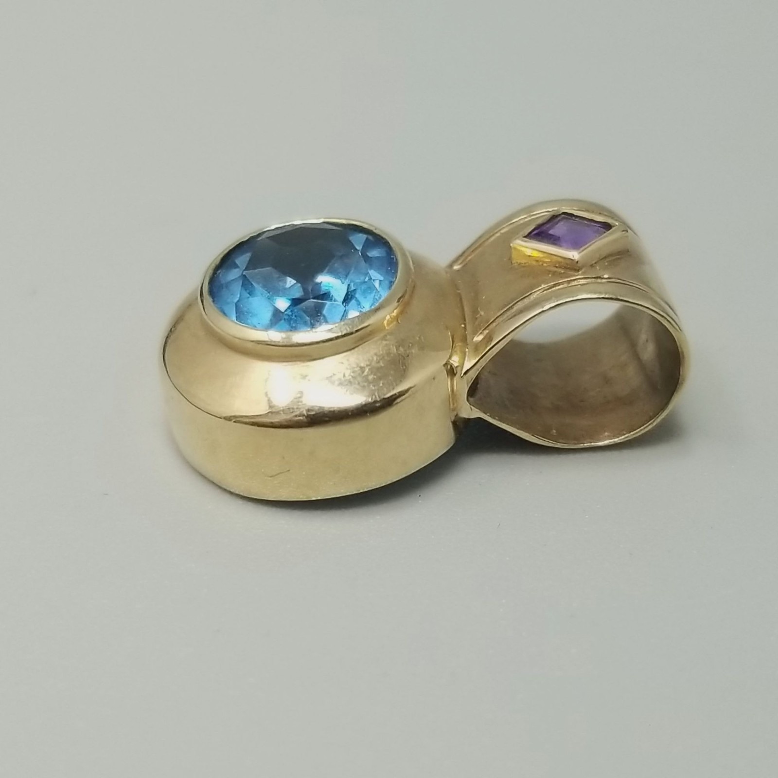 Vintage 14k Gold Oval Blue Topaz Pendant Large Slide Bail December Birthstone