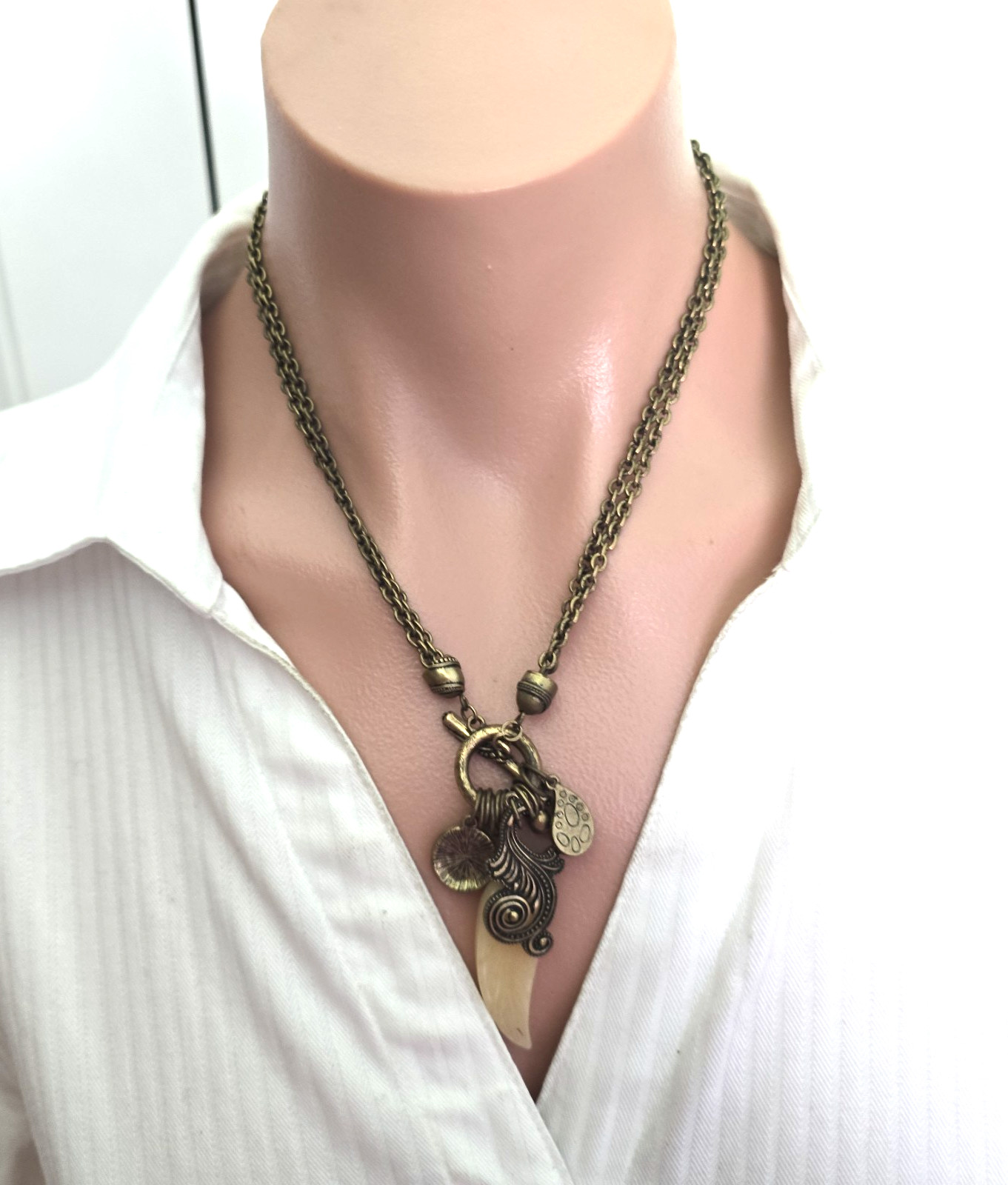 Vintage 90s Bronze Tone Dangle Charms Pendant Etruscan Style Chain Necklace 17″L