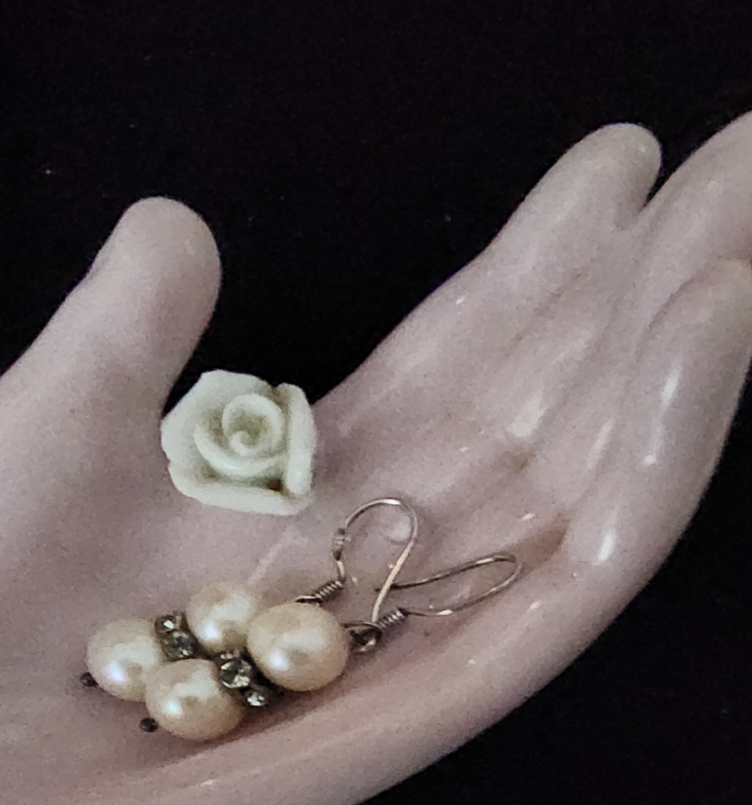 Elegant,2 Tiered Pearl Dangle Earrings, 925 Sterling Silver & Shimmering Crystal
