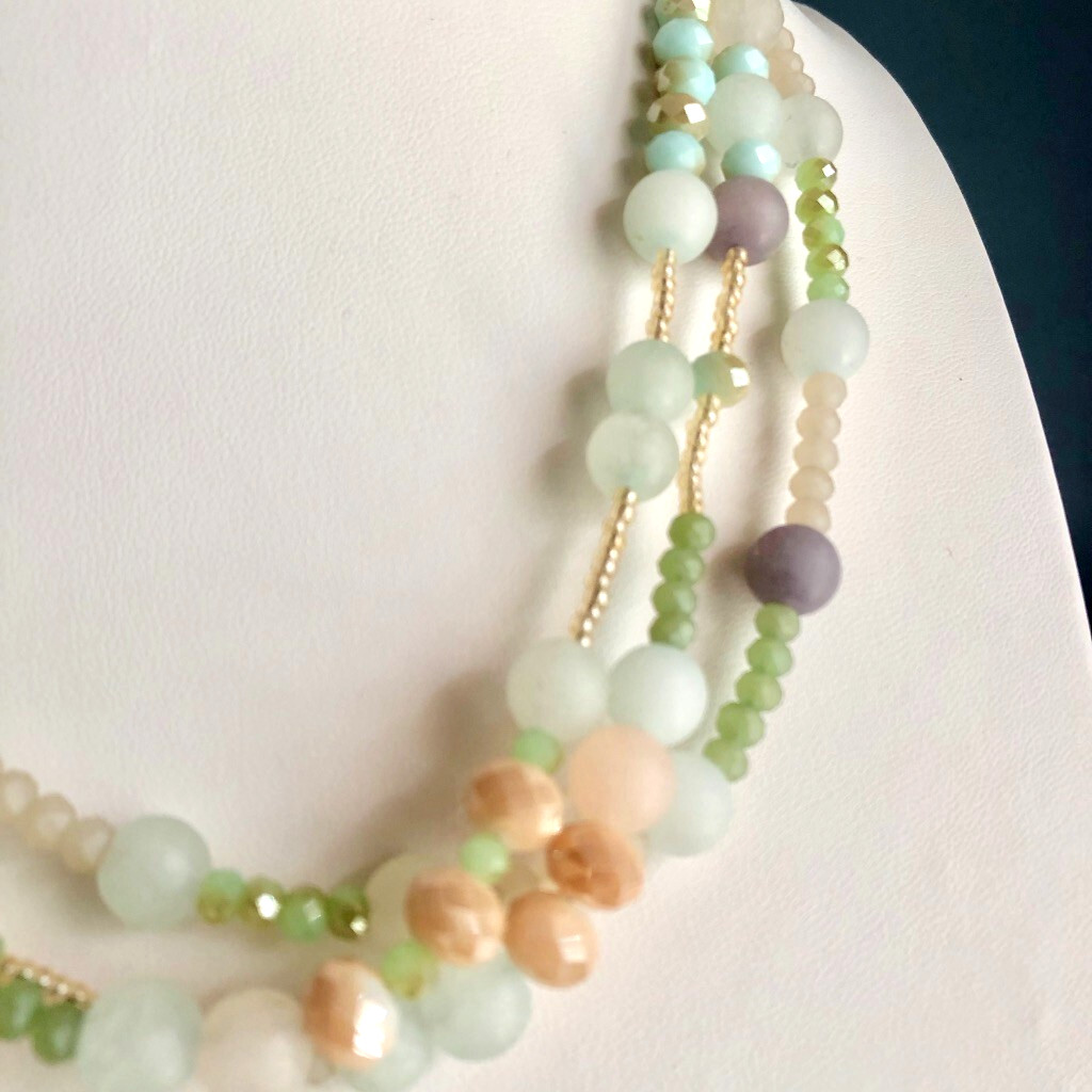 VTG 3 Strand Pastel SATIN GLASS BEAD NECKLACE 18″ Multi Color Faceted Adjust