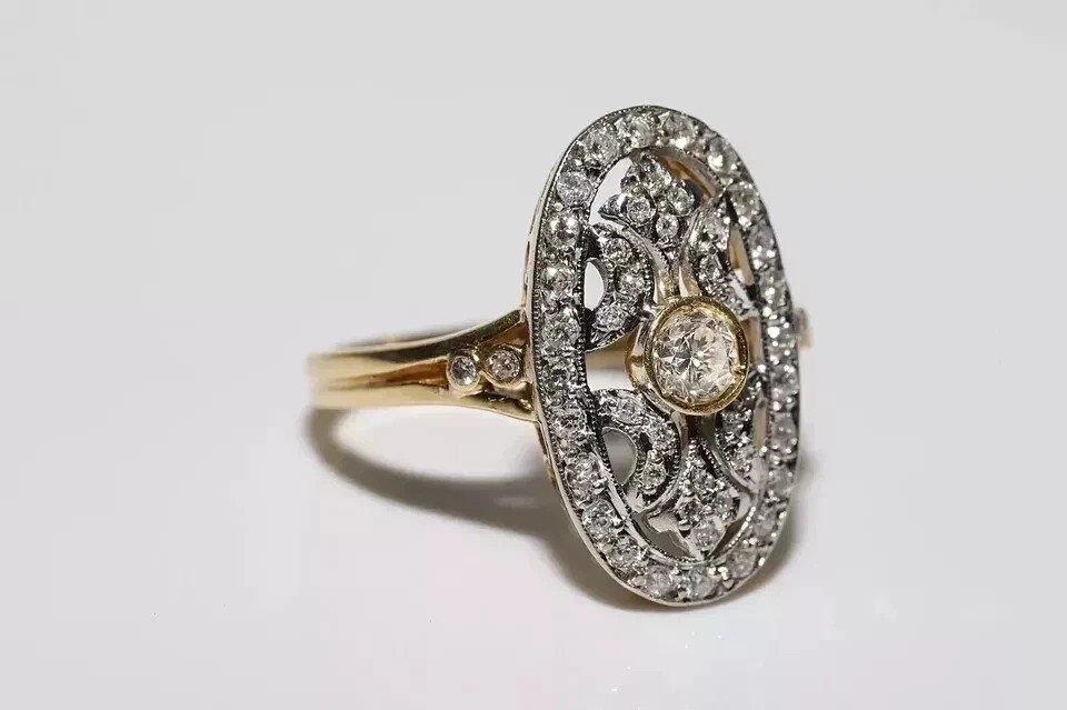 Vintage Art Deco Lab Created Diamond Ring Oval Filigree 14K Two-Tone Gold Finish