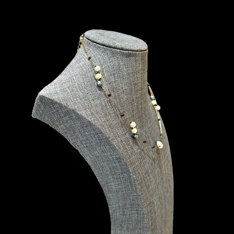 Floating Faux Pearl Necklace Gray and White 3-in-1 Strand 12 Inch Dainty Vintage