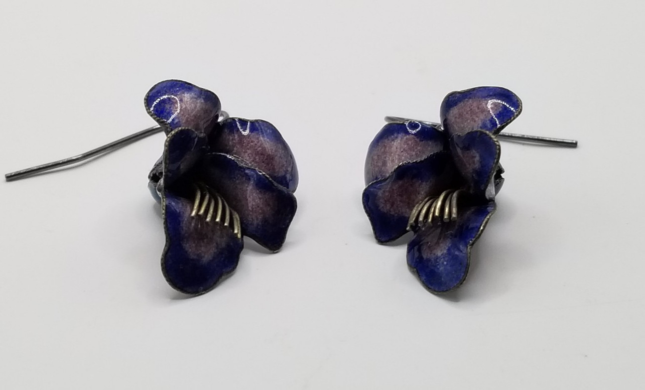 Vtg 925 Sterling Silver Purple & Blue Enameled 3D Pansy Flower Dangle Earrings
