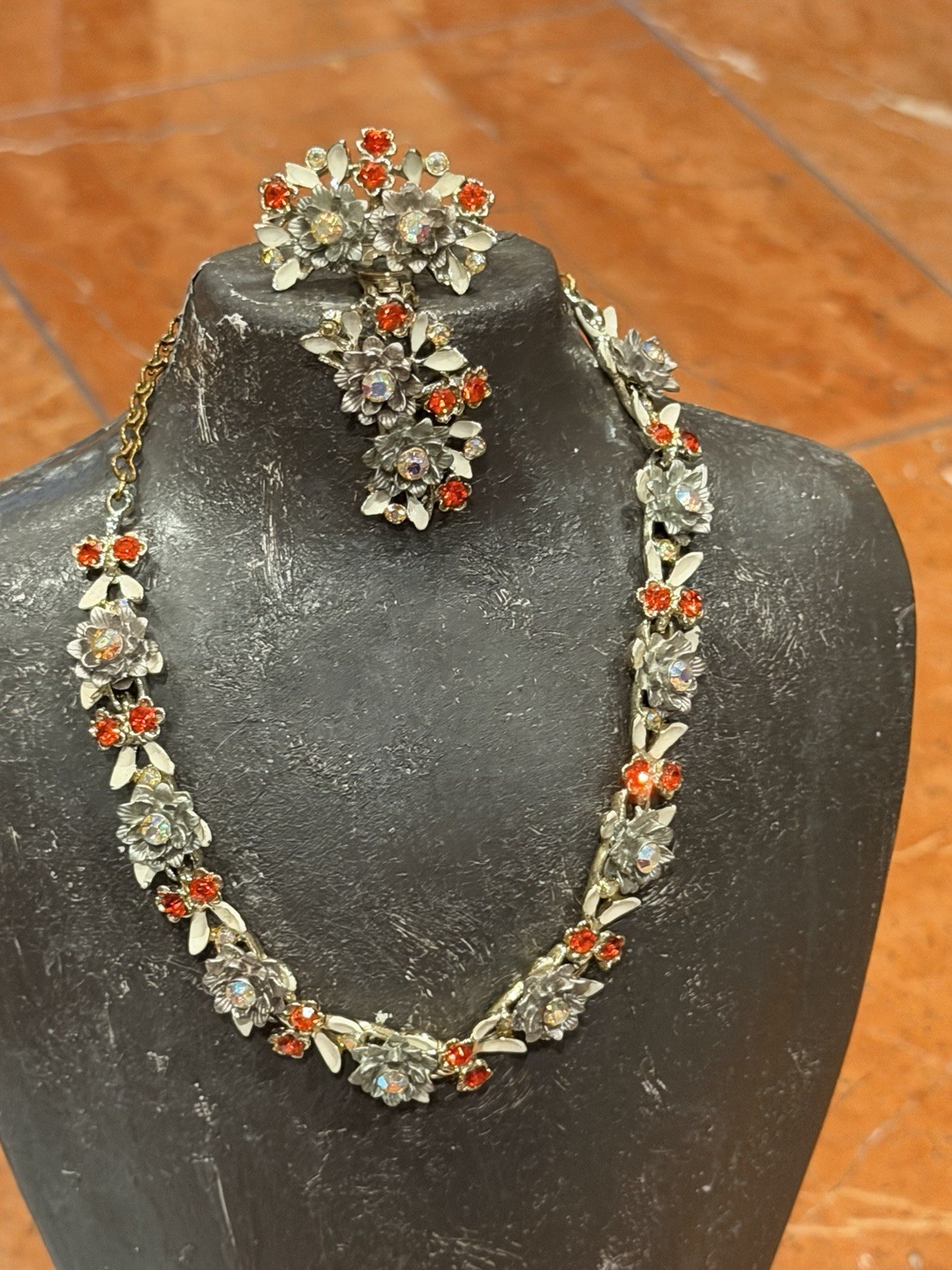 BSK MCM FLORAL ENAMEL RHINESTONE NECKLACE BRACELET CLIP EARRINGS PARURE SET LOT