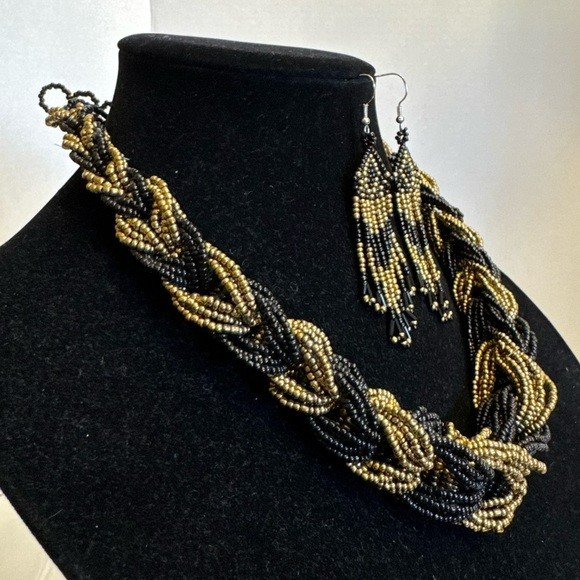 Vintage Multistrand Braided Chunky Beaded Statement Choker Necklace Earring Set