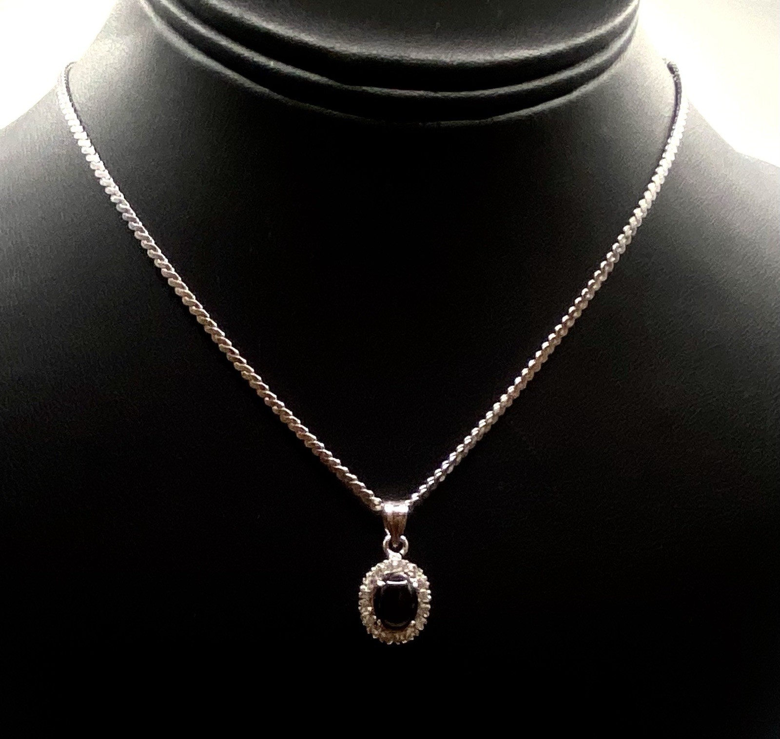 Vintage Sterling Silver Black Onyx & CZ Oval Pendant 7/8” Long
