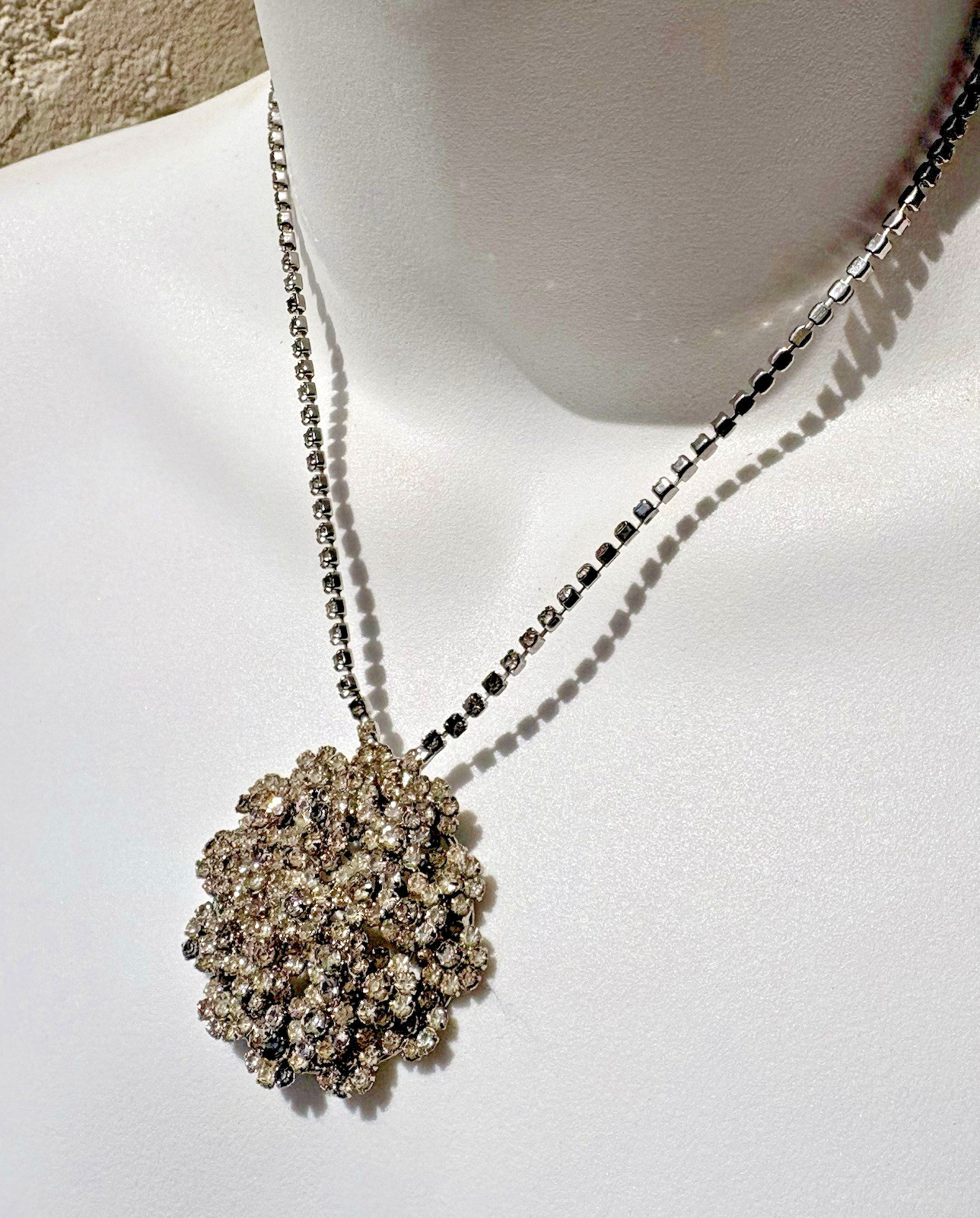 Vintage Rhinestone Floret Necklace 1.75″ Pendant Silver Tone Mid Century