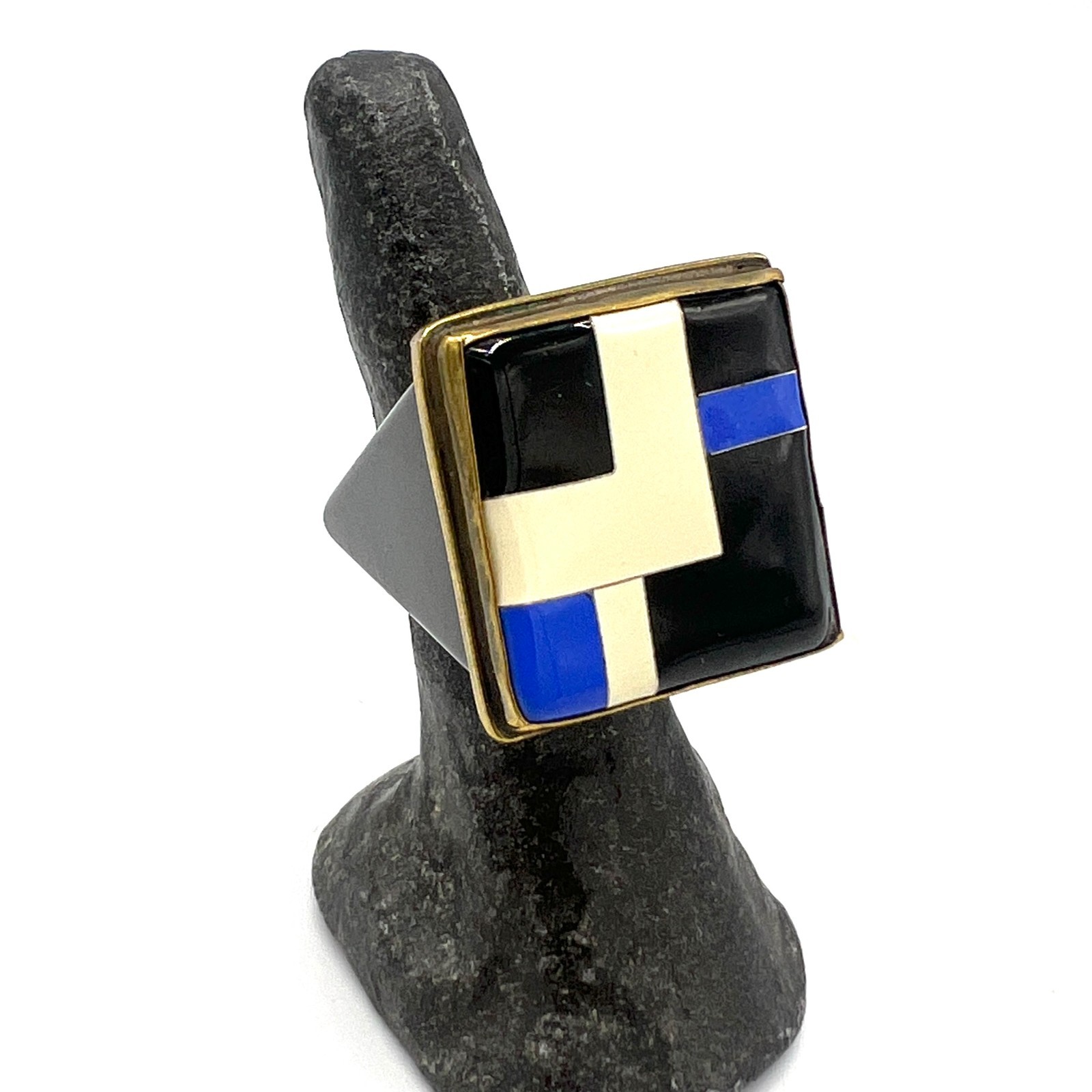 Modernist Geometric Resin Ring Black Enamel Metal Frame
