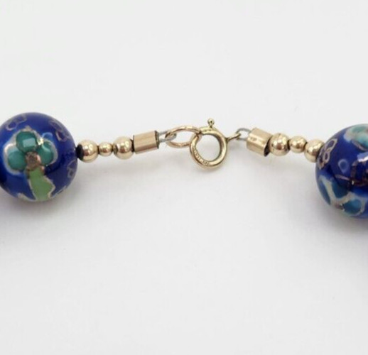 Vintage Japanese Cloisonne Bead Floral Necklace, Blue Pink and Green 22 Inches