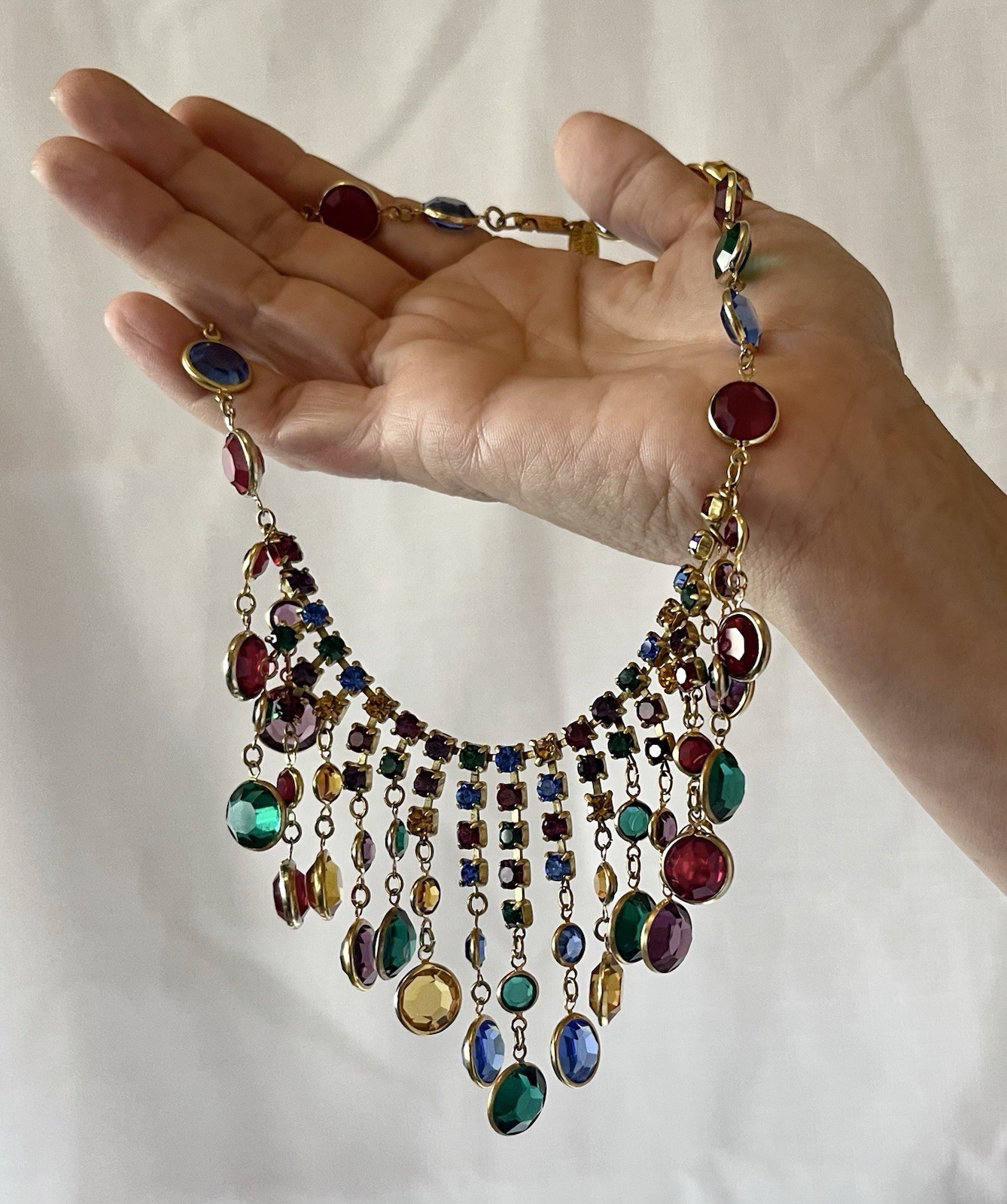Vintage Signed Miriam Haskell Rainbow Glass Bib Necklace