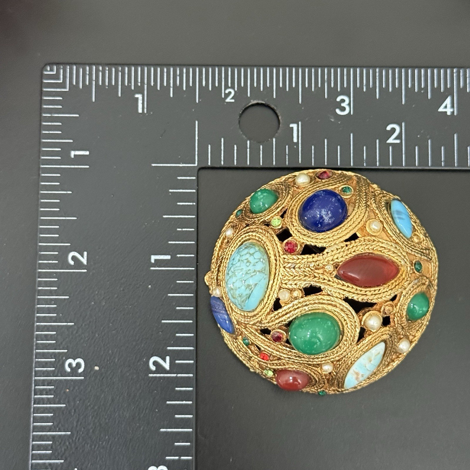 Vintage La Roca Style Multicolor Bejeweled Gemstones Gold-tone Dome Brooch 44g.