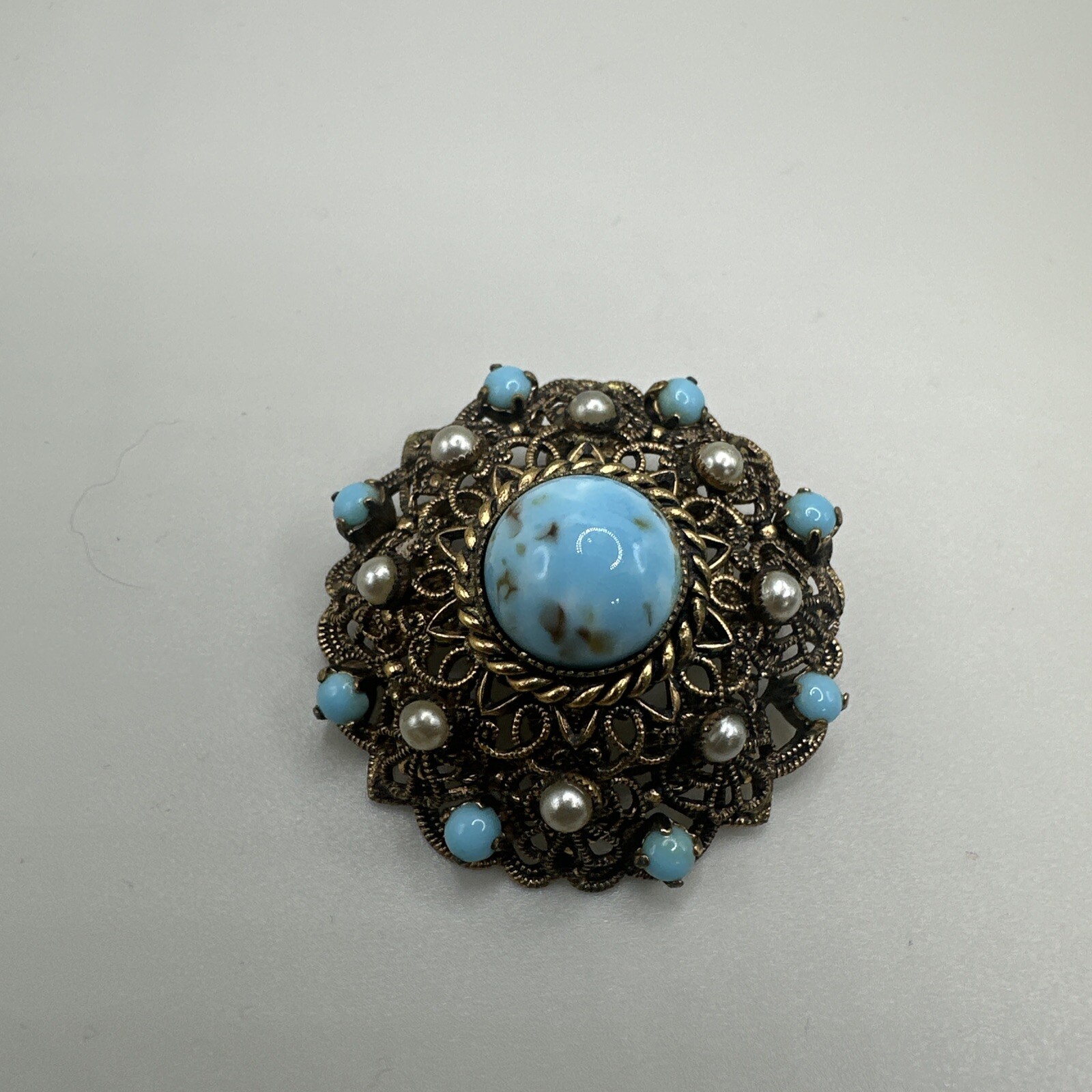 Vintage W Germany Turquoise Glass Cannetille Brooch Filigree Aqua Rhinestone Pin