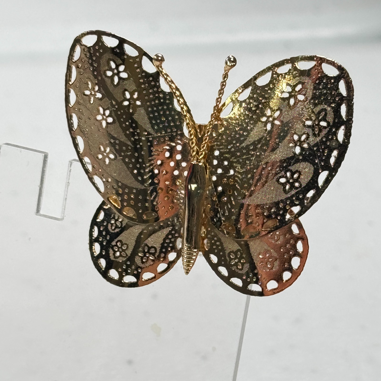 Vintage Brooch Butterfly Gold Tone Openwork Filigree Floral Lacy Cutout Pin