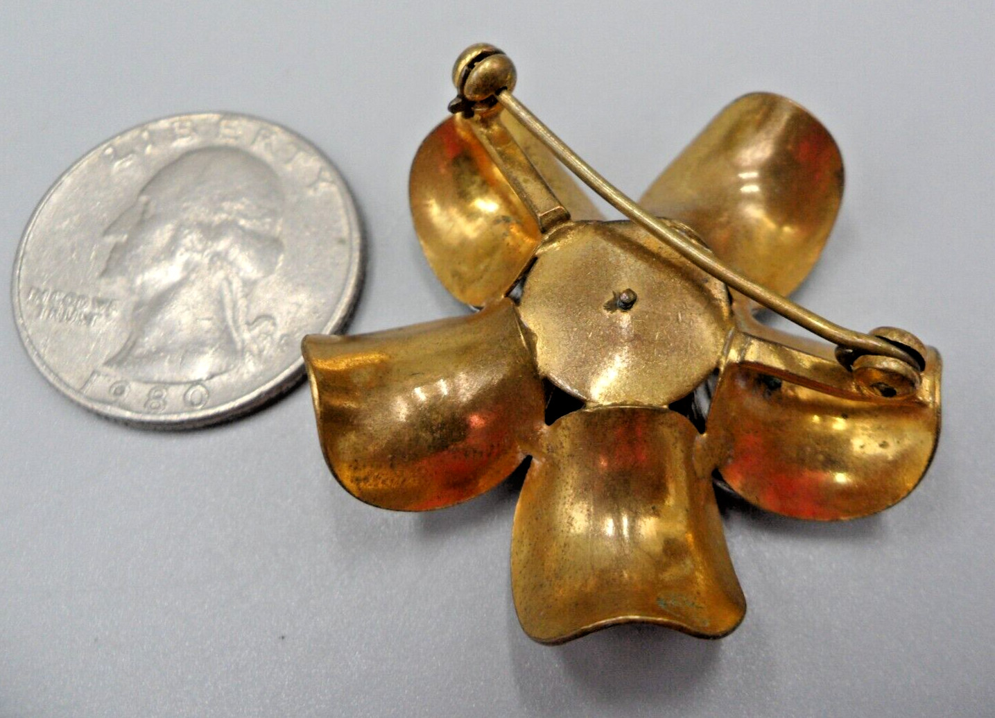 30s 40s Flower Brooch Gray Faux Pearl Crystal Layered Reflexed Petals Retro Vtg