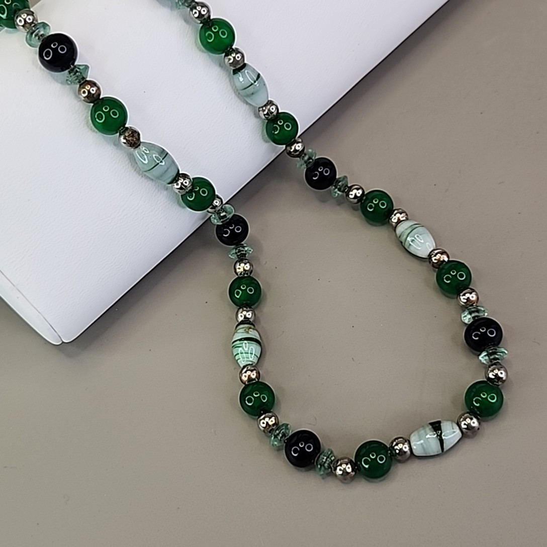 Vintage Glass Necklace Green Striped 24″