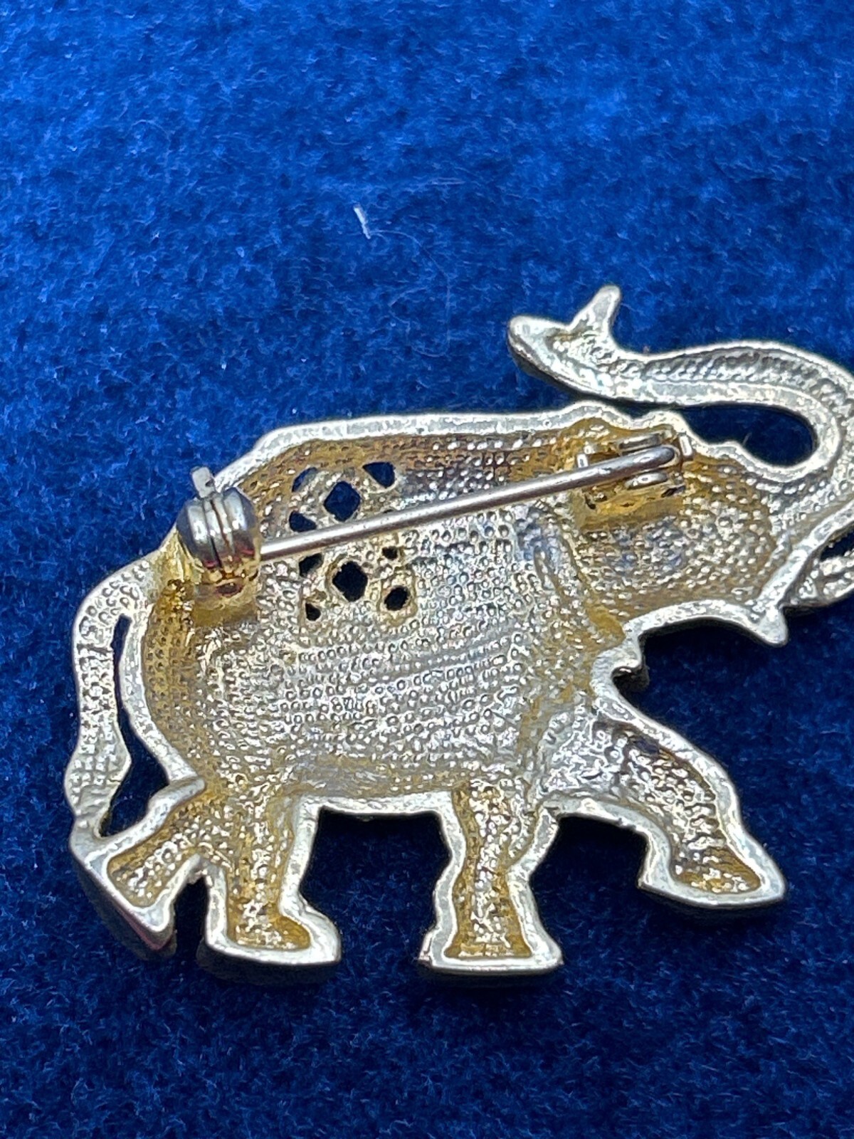 Gold & Black Enamel Elephant Brooch With Rhinestones & Safety Pin Clasp