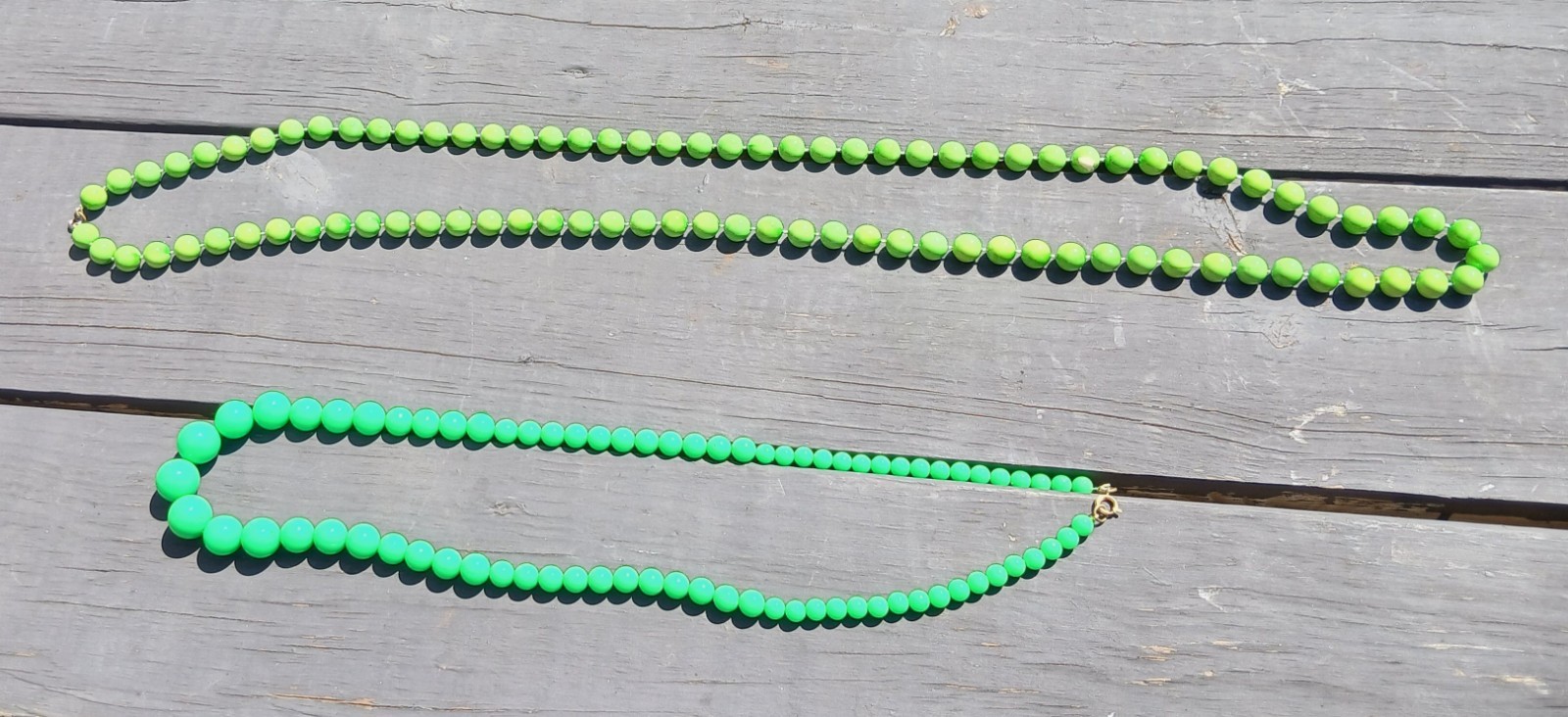 2 Vintage Bright Vivid Green Plastic Beads Necklaces
