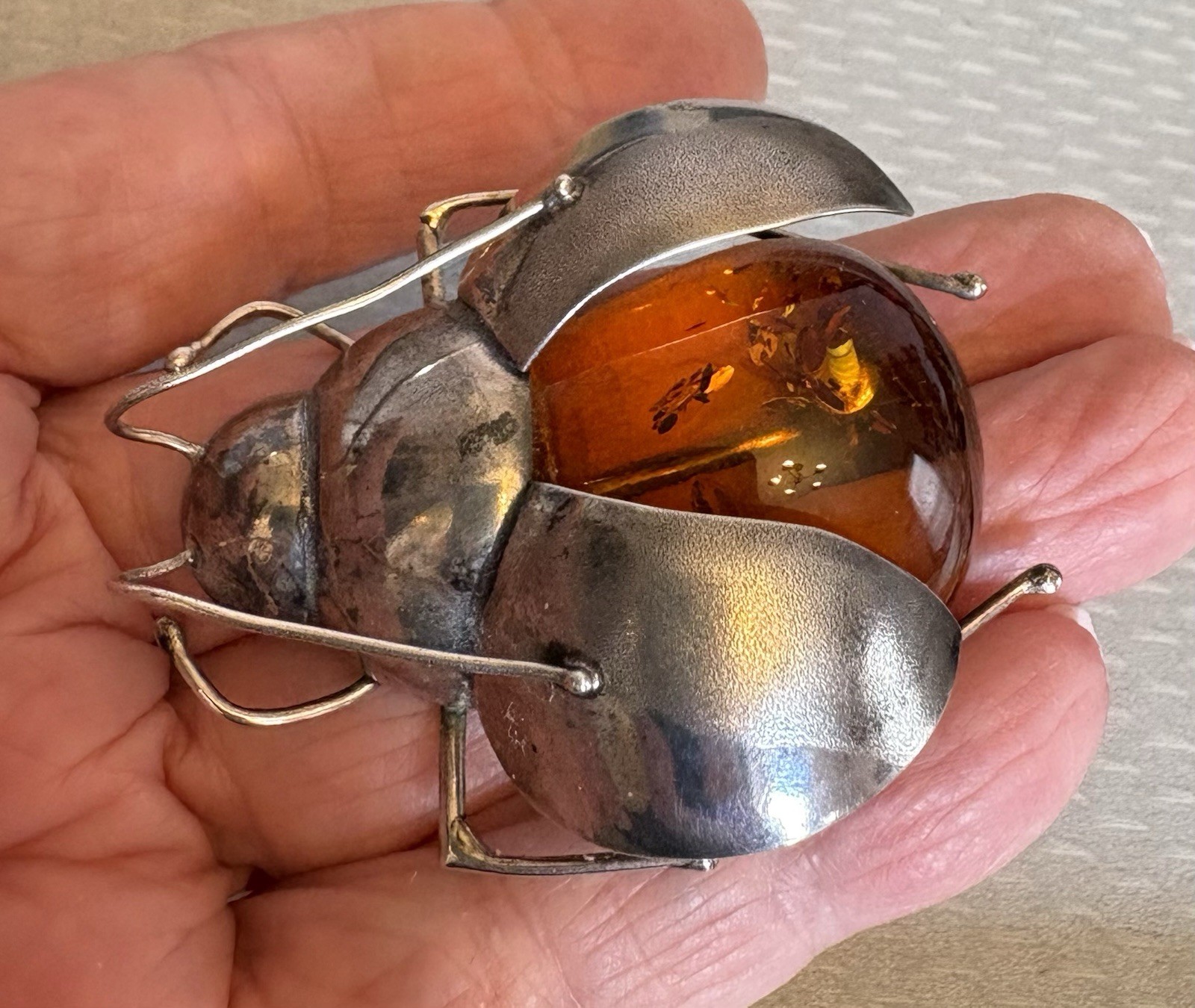 Vintage Baltic Amber Insect Brooch 925 Sterling Silver 3D Figural Big Bee Bug