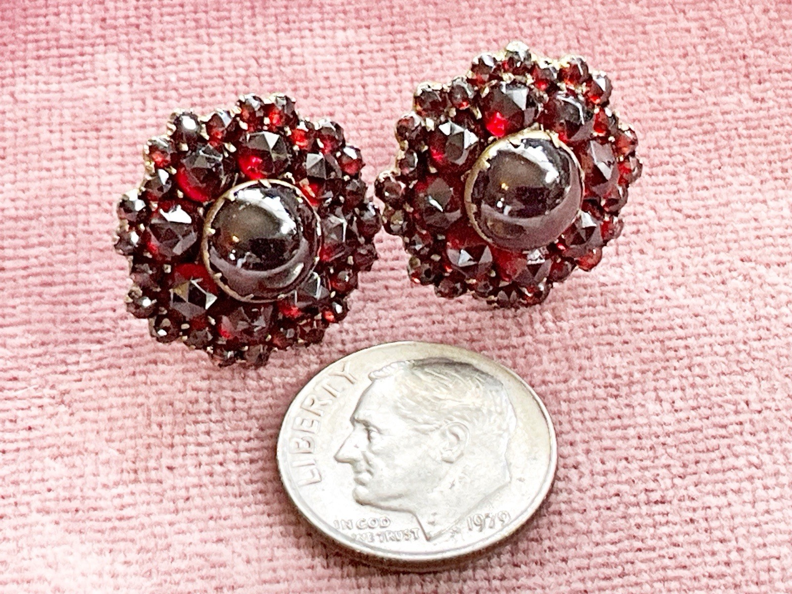 Antique Sterling Silver Vermeil Bohemian Red Garnet Cluster Screw Back Earrings