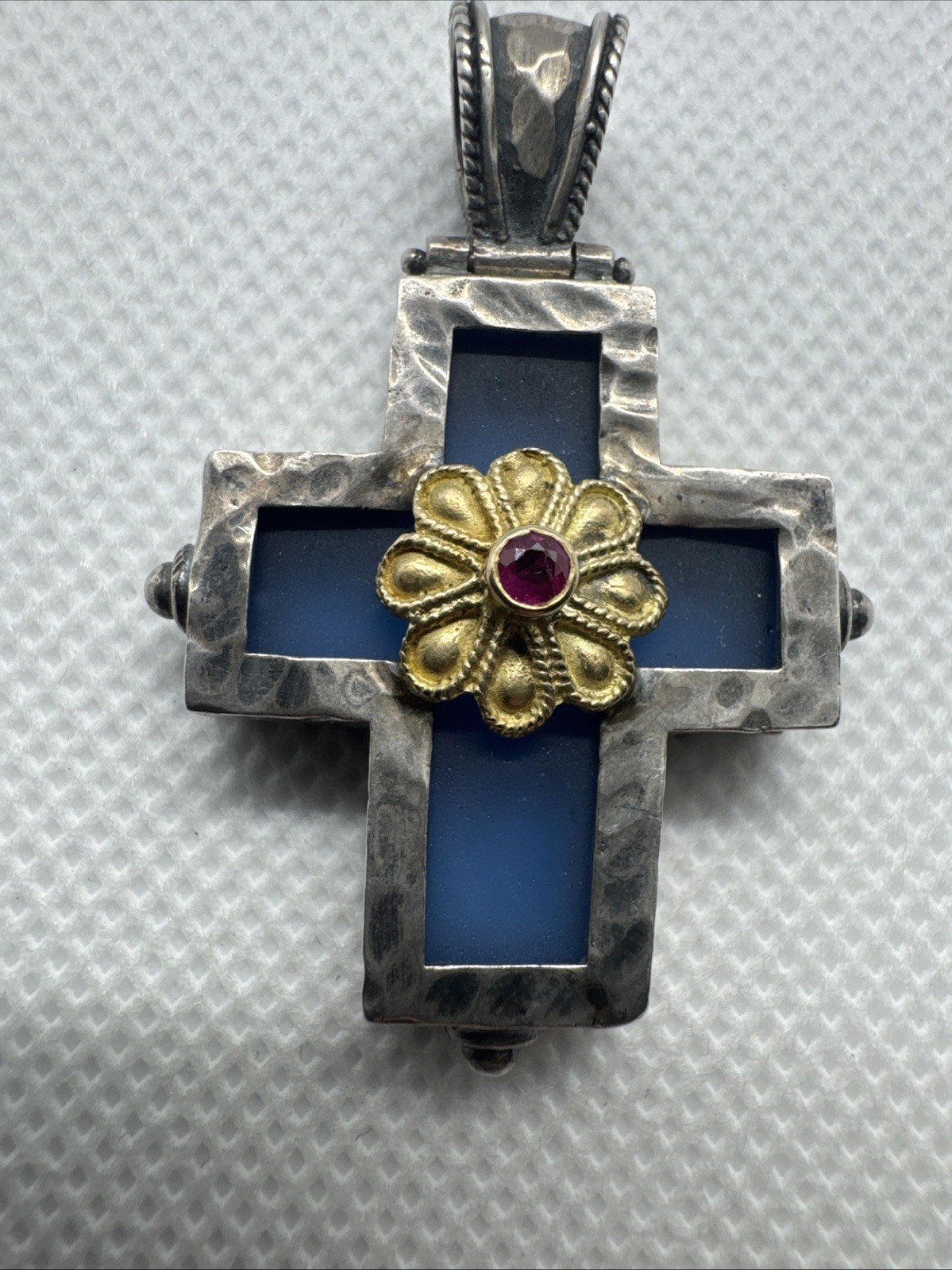 Cross Pendant Blue Glass Sterling Silver 18K Yellow Gold Red Ruby C17