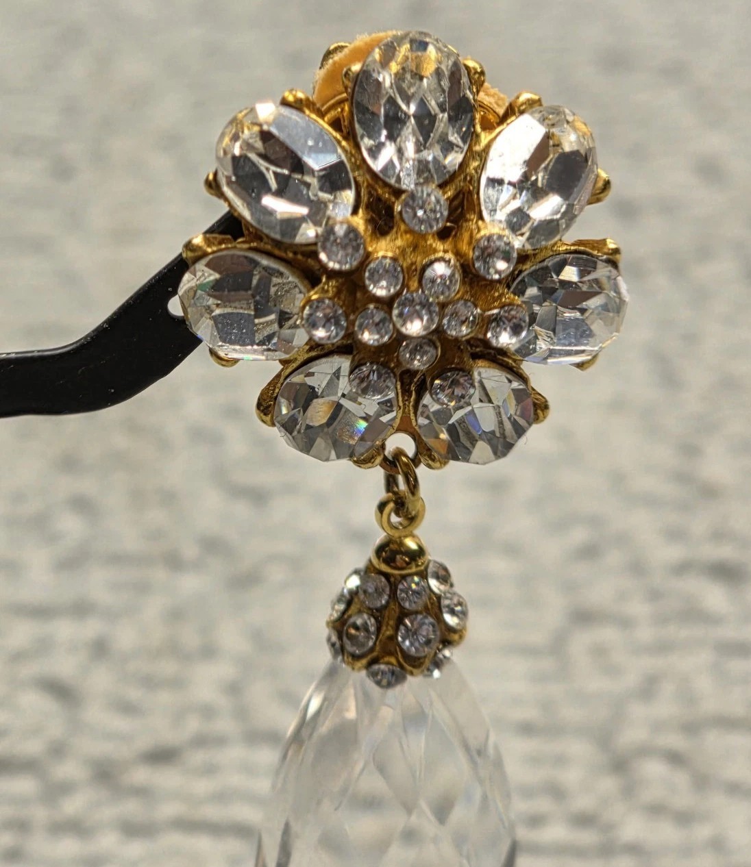 Vintage Gold Tone Barrera Floral Rhinestone Cluster with Crystal Prism Drop…
