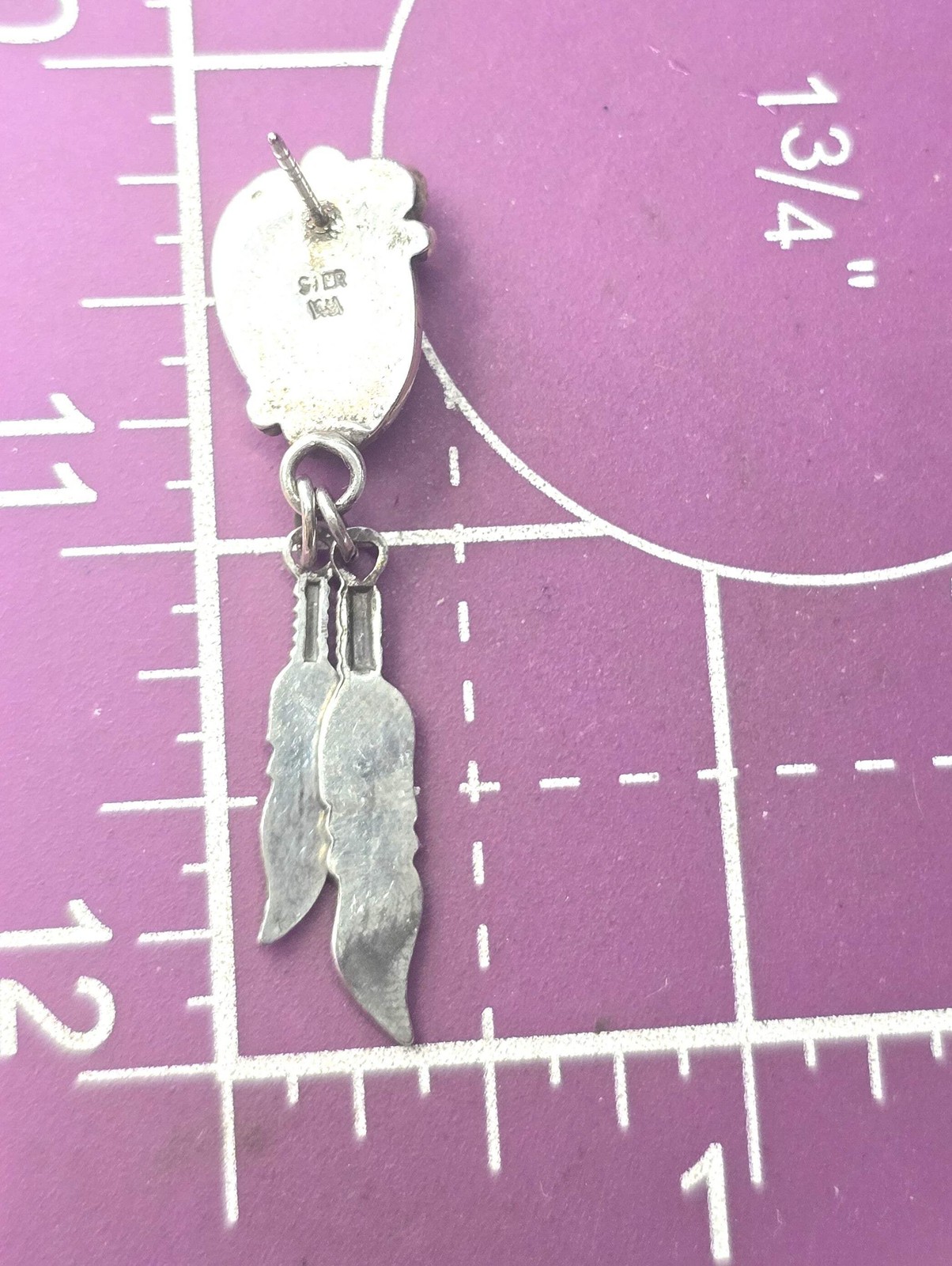 Spiney oyster Native American sterling silver feather drop vintage earrings