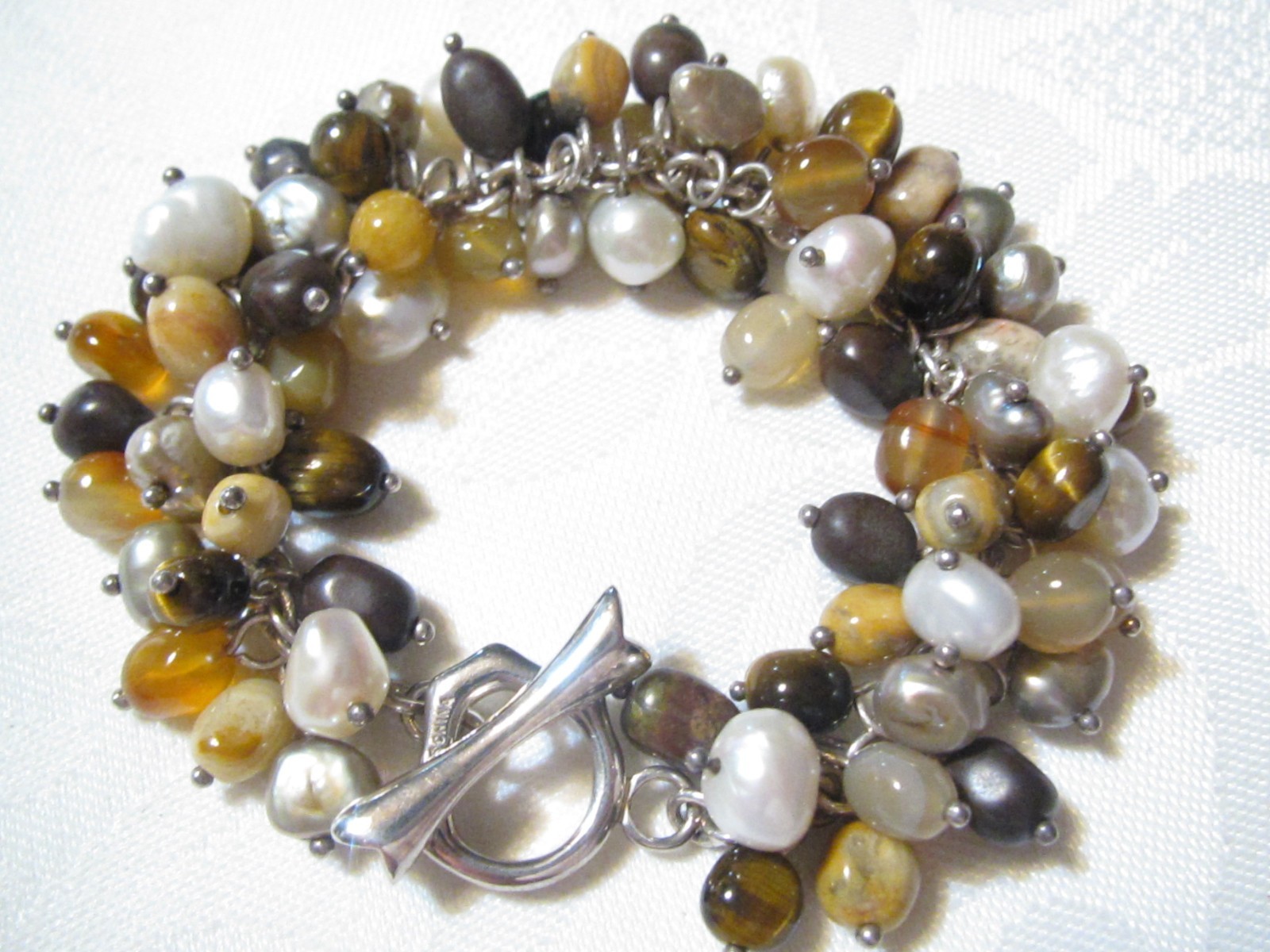 VINTAGE WHITNEY KELLY STERLING SILVER GEMSTONES & PEARLS TOGGLE BRACELET-65 GR.