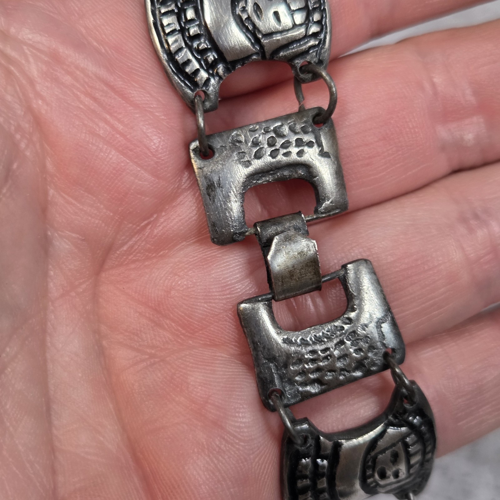 Vtg Mid Century C GENA Colombia 900 Silver Coin Panel Storyteller Bracelet 44g