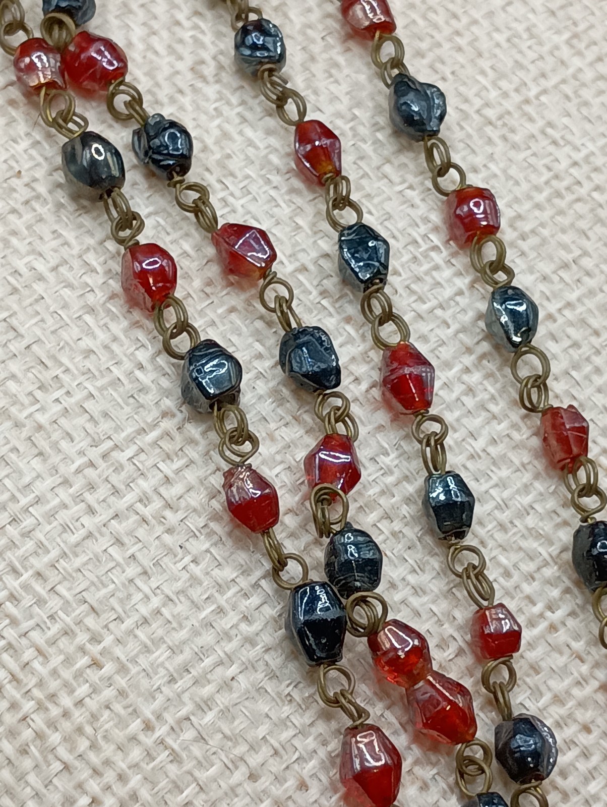 Vintage Czech Glass Beaded Necklace AB Red Black Petite Beads Dainty 36″