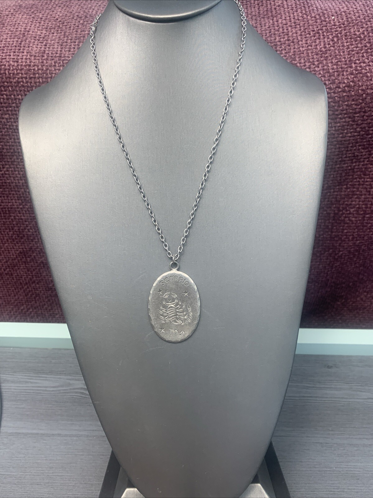 Vintage Pewter BDA Zodiac astrology Oval Scorpio Engraved Pendant Necklace 20”