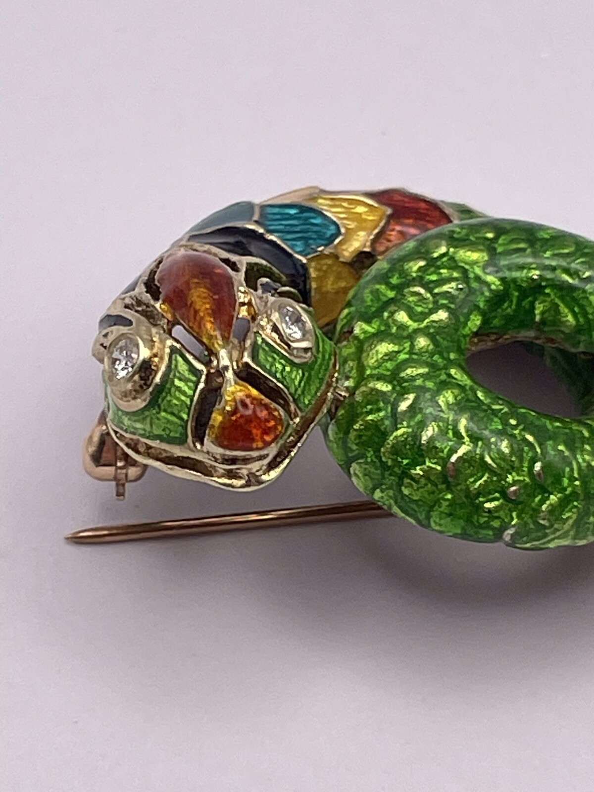 Vintage 14k Solid Gold Enameled Snake Brooch-pendant,Natural Diamond Eyes,21.4g
