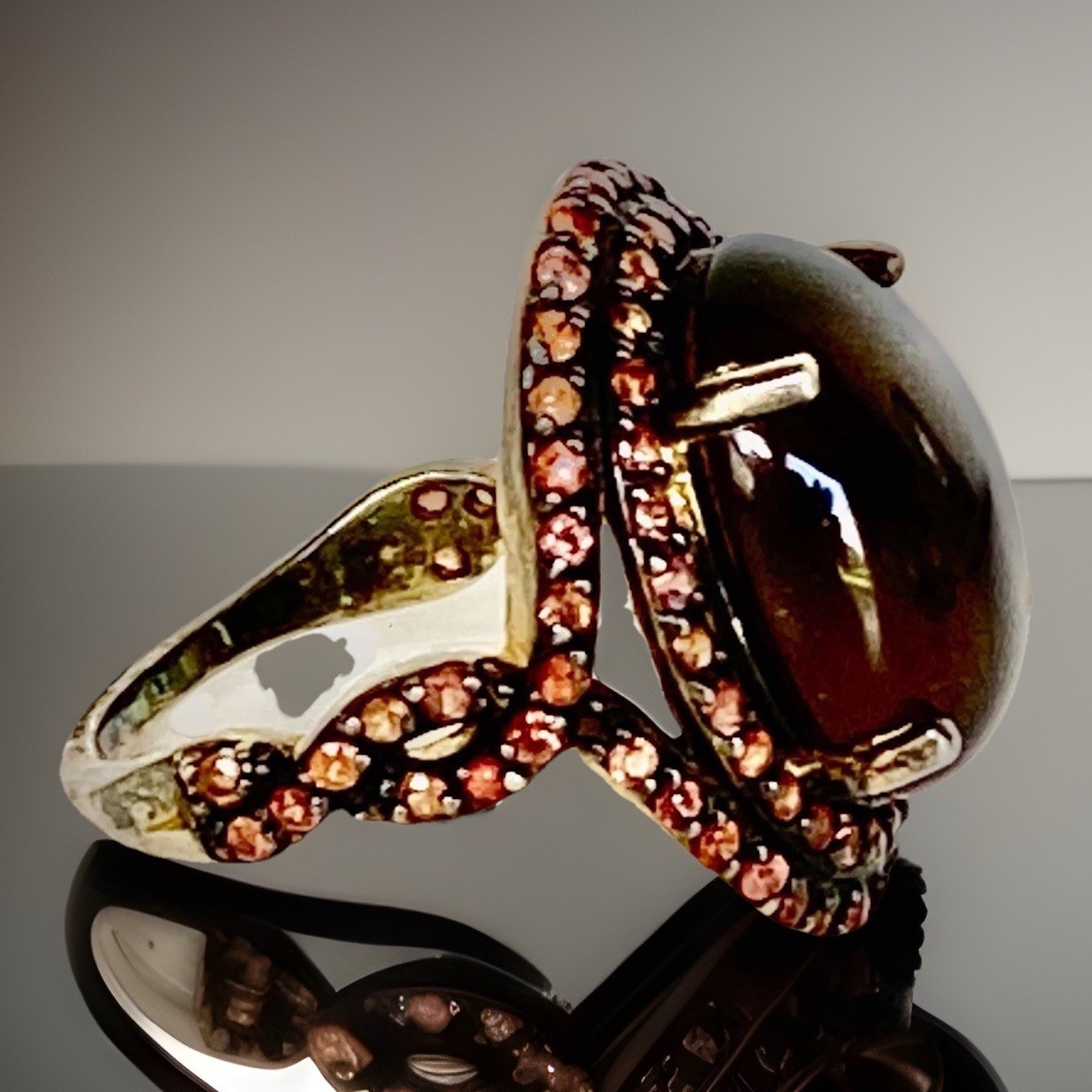 Clear Brown Stone w/Tiny Peach Stones Gold Plated Sterling Silver Ring TH , Sz 7