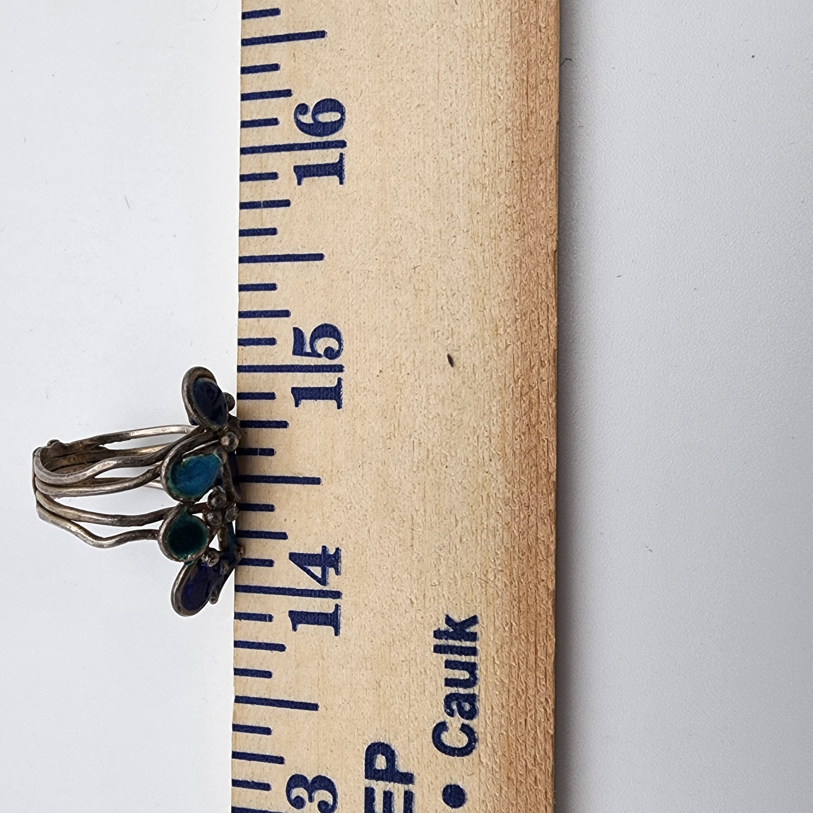 Vintage Signed RP Silver Teal Enamel Brutalist Multi Wire Strand Ring 7″