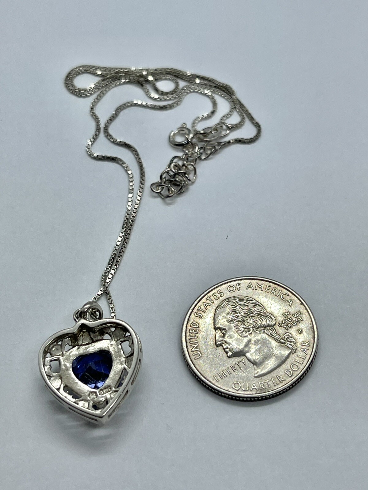 Vintage Bluish Purple Heart Shaped Stone on Sterling Heart Pendant Necklace 17”