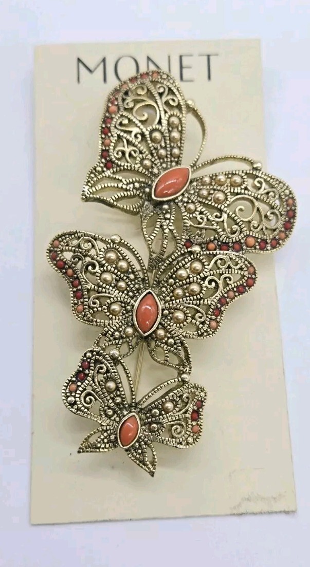 Monet Brooch Three Huge Butterflies Faux Coral Gold Tone 3.5 in Signed Vintage