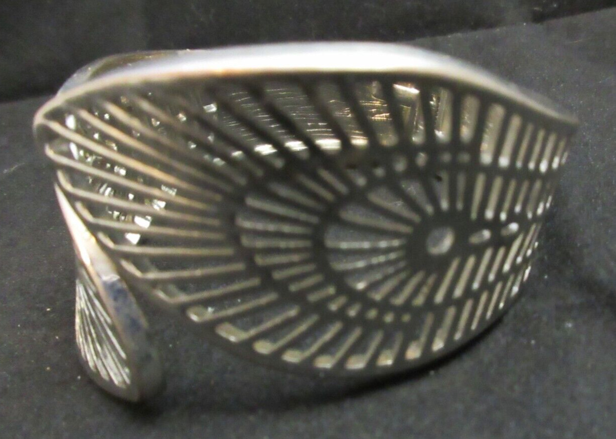 Wide Vintage Hinged Open Work Clamper Cuff Bracelet Silver Tone Wrap Around Look